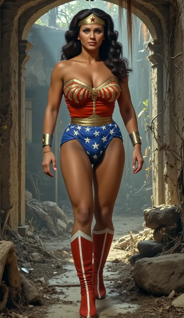 (melhor qualidade,4k,8k,alta resolução,masterpiece:1.2), (girl negra lying in a completely destroyed ruin, pele de ebano, BBW, 20 anos), cintura fina, (bunda enorme, Sagging Tits: 1,9), cabelo afro, (lying in a completely destroyed ruin), (Wonder Woman costume , botas vermelhas), sexy, sensual, hot, sorridente, (Sagging Tits: 1,9), decotes, bunda enormes. ((mesmo personagem, headpe, lado, costas)), (perfect hands), enquadramento afastado, full body