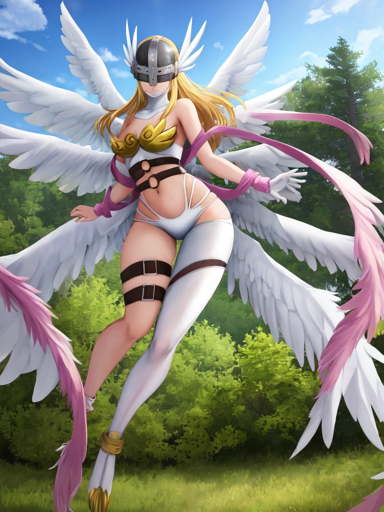 Angewomon from digimon, legs crossed, sitting, big breasts, thick thighs, big thighs, big breasts, big butt, sunset, on top of a hill