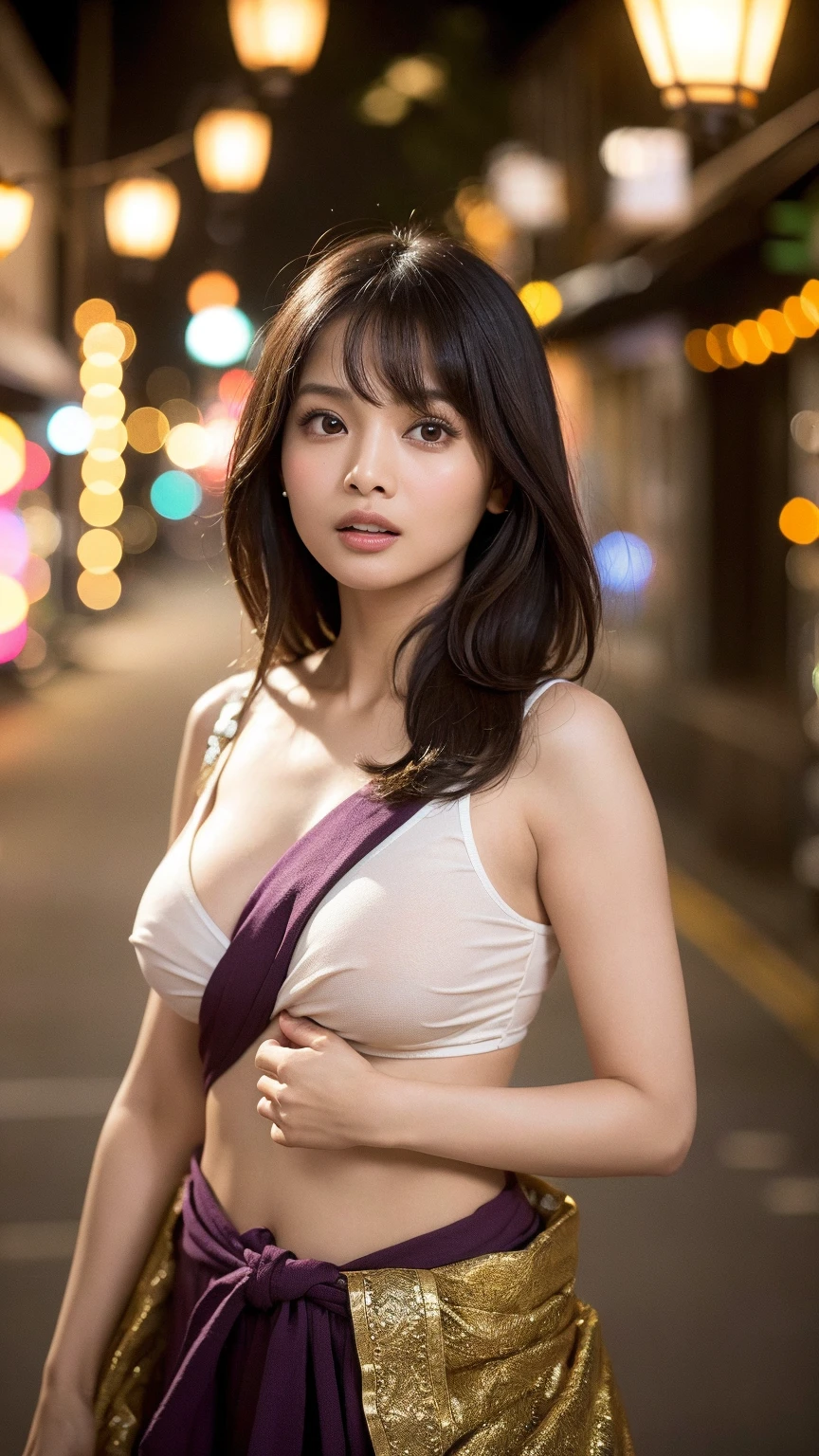 from the side from the side, hip up,((Adilynn)), sideways pose, random pose, night中に,  (とても繊細でbeautiful作品です), (masterpiece), 1 girl, street, very detailed, Ponytail distortion, Charmな外観, beautiful clear eyes, blue eye pupil, delicate pearl necklace, Delicate earrings, Simple blurred background, extreme details, beautiful, Charm, Ultra-fine painting, delicate face, delicate figure, thin clavicle, nice lips, soft back, mix 4,(8K, RAW photo, highest quality, masterpiece:1.2), (realistic, realistic:1.37),1 girl,cute,cityscape, night, rain, Wet, professional lighting, photon mapping, radio city, Physically based rendering, above the waist,