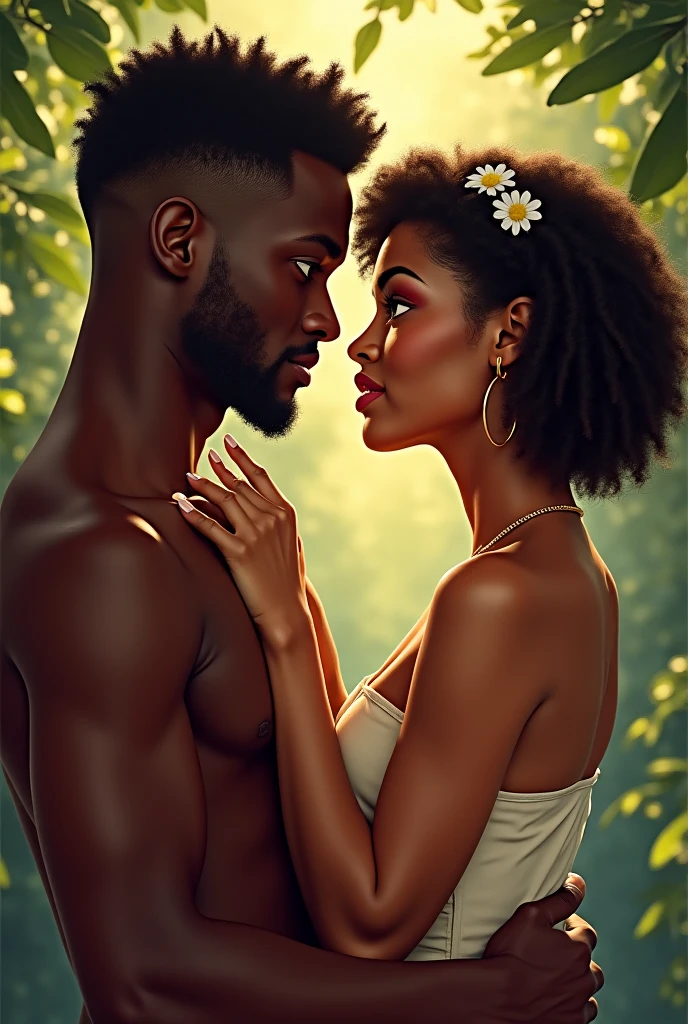Naked black African man and woman looking at each other, close-up of faces illuminated by sunset light