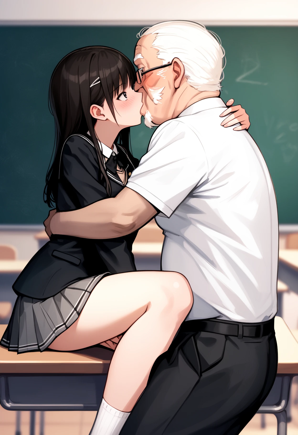 (nsfw:1.2),((One girl, 1 Elderly)), (Skirt flip:1.4), ((Old man grabs woman&#39;s waist)), The old man laughs evilly, Huge breasts:1.7, Anime cel painting style, Highest quality, High resolution, Huge breasts:1.8, good, High leg panties,blue eyes, Purple Hair, bangs, Side Ponytail, hair ornaments, Embarrassing, fear, blush, View Viewer, whole body、(((Completely naked:1.8)))、He is moving his hands violently to his crotch