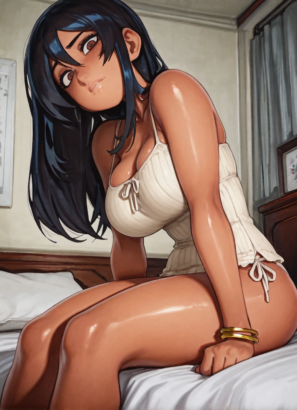 (Masterpiece of Art, best quality specialist), 1 girl , Yoruichi, Dazzling, , indoors,white Bikini , white panties, white top, showing feet , 5 Fingers, naked feet , Close to viewer , smile, another, another,