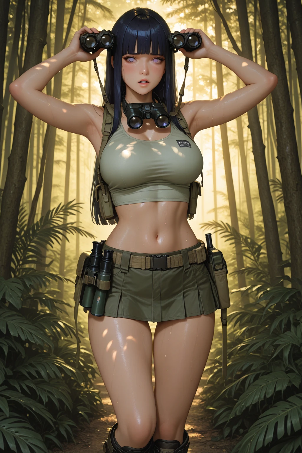 anime girl, 36 year old woman, masterpiece, best quality, black tshirt, tight military pants, baggy camo pants, walking in rainy jungle, brown hair, floating wair, wet, extremely wet cloths, medium breasts,