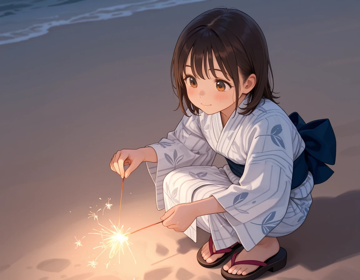 A girl in a yukata squats on a moonlit beach and plays small sparklers, soft light