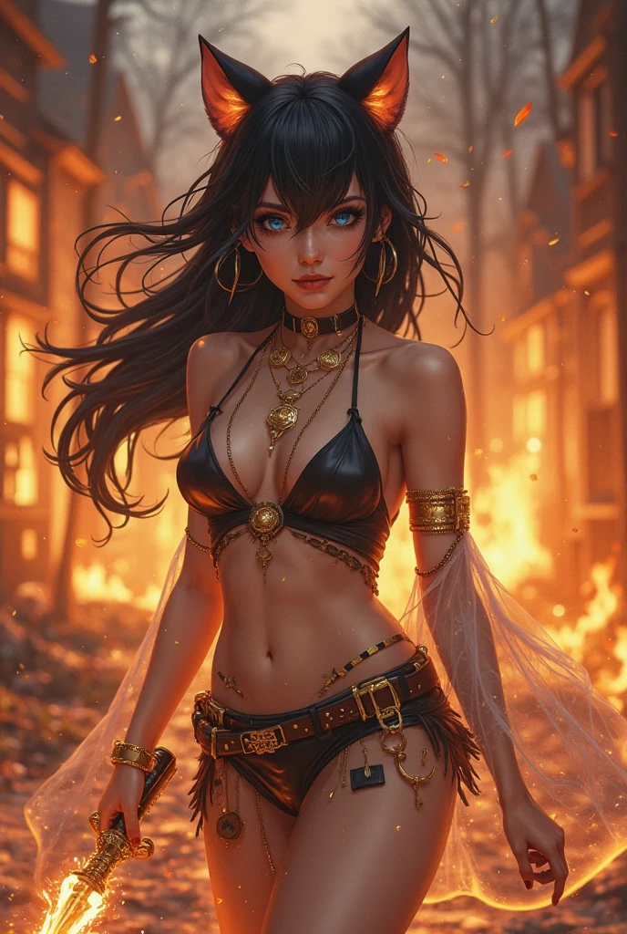 Nezuko Kamado, full body, grown-up, very hot, very sexy, naked, her hair tied in a long braid, standing on a battlefield with cloudy skies and fire in the background, the atmosphere is intense and epic, Illustration, digital art with dramatic shadows