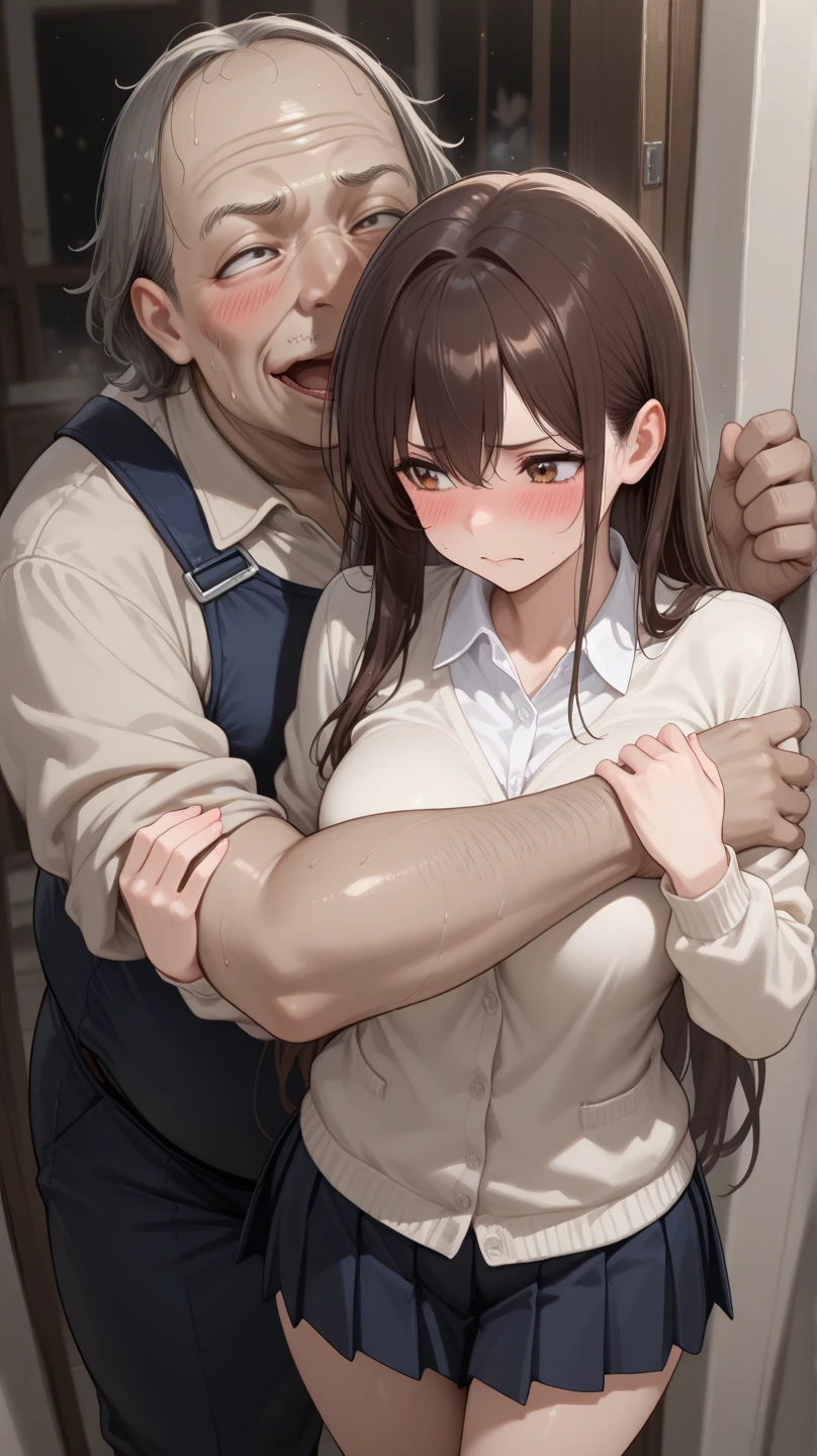 NSFW, (Masterpiece, Best quality, photograph realistic:1.4), (Shiny skin), (hyper HD, 8K wallpaper, high resolution), Perfect ???????, Cinematic lighting, Physically-based rendering, Award-winning, Extremely detailed skin, extra detailed face, Eyes with beautiful details, Carl Zeiss 85 mm F/1.4, Break, (((1man 1girl, Having :1.3))), (upright straddle, Face to face:1.5), On the floor, Break, Very cute 16 year old schoolgirl, (Brown wavy semi-long hair and bangediuml breasts，, (Wet white school shirt unbuttoned, Navy pleated skirt lift, black knee high socks, Loafer shoes:1.3), (1girll: nase, Blush mischievously, Drooling, Almost closed his eyes:1.1), (1人: A handsome (old man), Wearing a recruit uniform and (He grabbed the girl's breasts) Without expression:1.3), Break, (In the midnight classroom, Moonlight), Look straight ahead, loli, naked, 