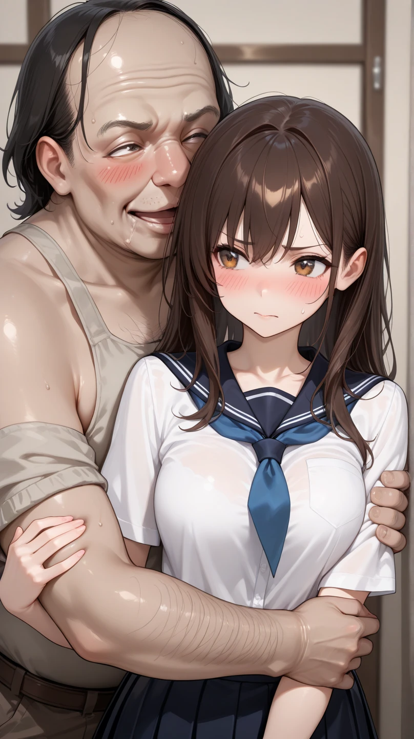 (1 old man and 1 woman,Sex:1.5),hug from behind,breast grab:1.5),((kancolle)),(gasped, blush, sweat, open mouth, rolling eyes, tears, Show language,)(parted lips),(Close your eyes and feel weak),(table, Best quality:1.2),
table, Best quality, a high resolution, Bumrah, long hair, two sides up, hair flaps, Hairpins, Heterochromia, Red eyes, Brown eyes, medium breasts, split, Sailor Bikini, black bikini, bikini skirt, white skirt,
