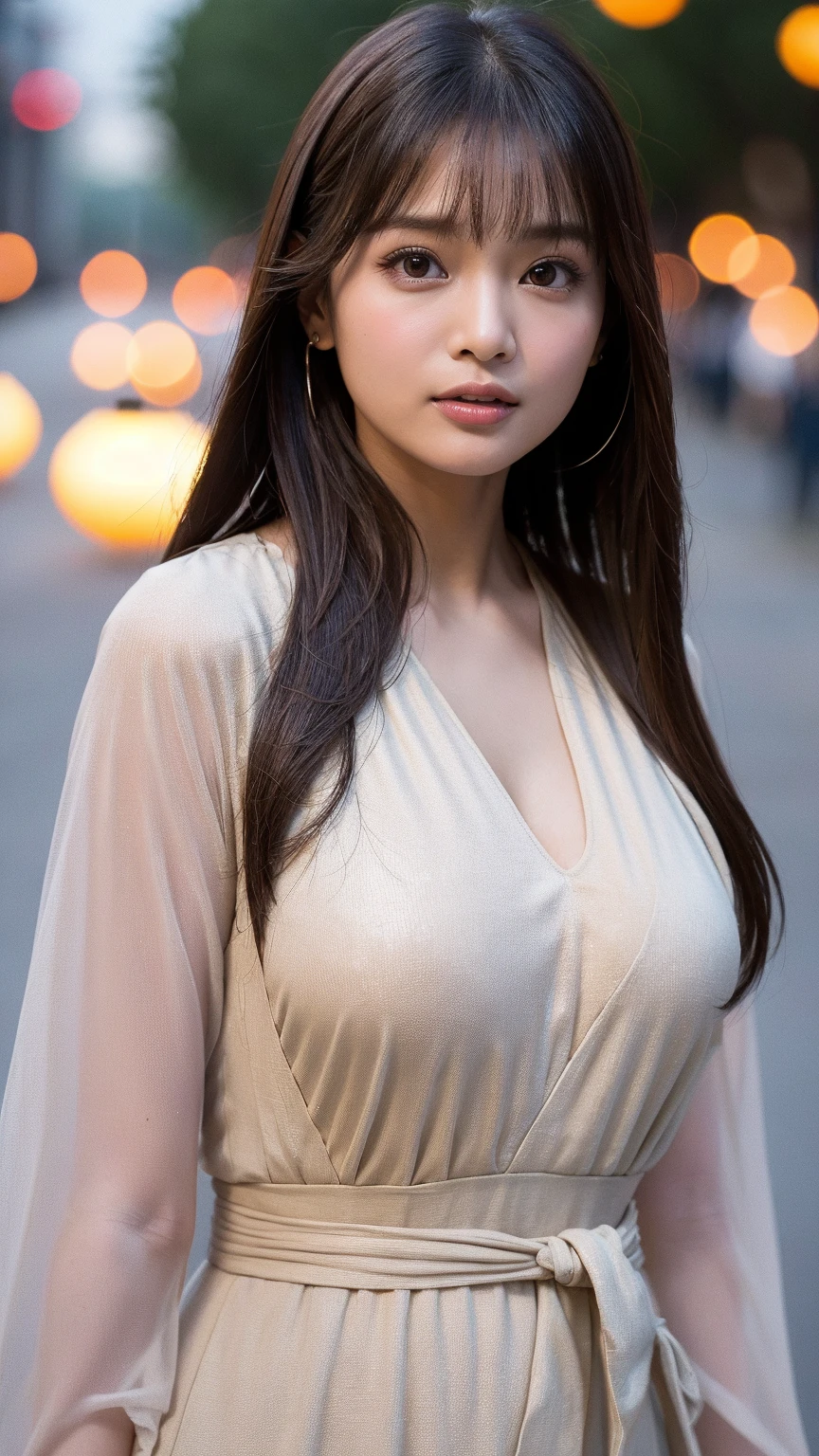 (((desi girl))), chubby face, natural skin, wearing hot deep neck top and dupatta, charming black hair, ((hair ends are blonde)), city streets background, bokeh