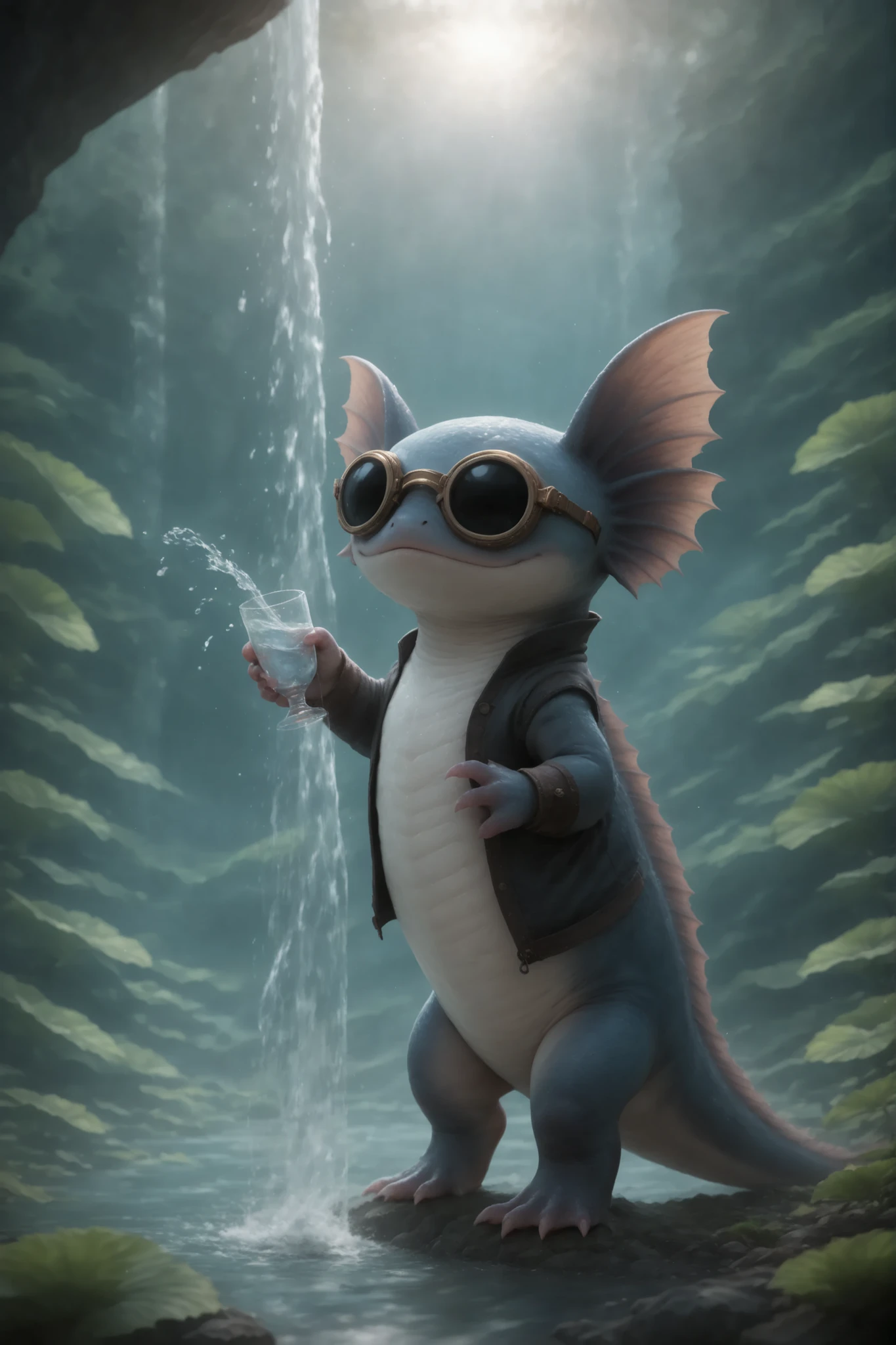 Character_Fuli, right foot, splash in clear clear water, lots of splashes at dawn. Aviator steampunk glasses on the face. Drops of water on the body. Against the background, a waterfall and a stream. In the foreground, fern bushes are very blurred and darkened.
masterpiece, cosplay has the best quality, ultra-detailed, great_detail, finely_detailed, cinematic emotional static frame, 8K UHD, extreme detail, physical-based rendering, HDR.
Unrealistic image, amazing quality, quality 8 thousand ultra HD, impressive lighting, fantasy genre, dramatic lighting. Highly detailed digital art style, (SFW:1.3).