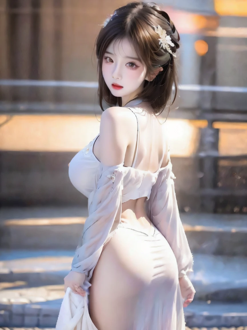 realisticlying, hight resolution, 1 rapariga, Silver hair, Korean people, e Blue Eyes, Lace-up panties,Beads of sweat dripped down my buttocks,Classroom,s Office, meeting room,class,Large chest,Wide buttock,Visible on the back, Angle from behind, Your ass,kneel down on the ground,Look into the camera,ssmile,wide wide shot,Cinema Lens,Skin glow,