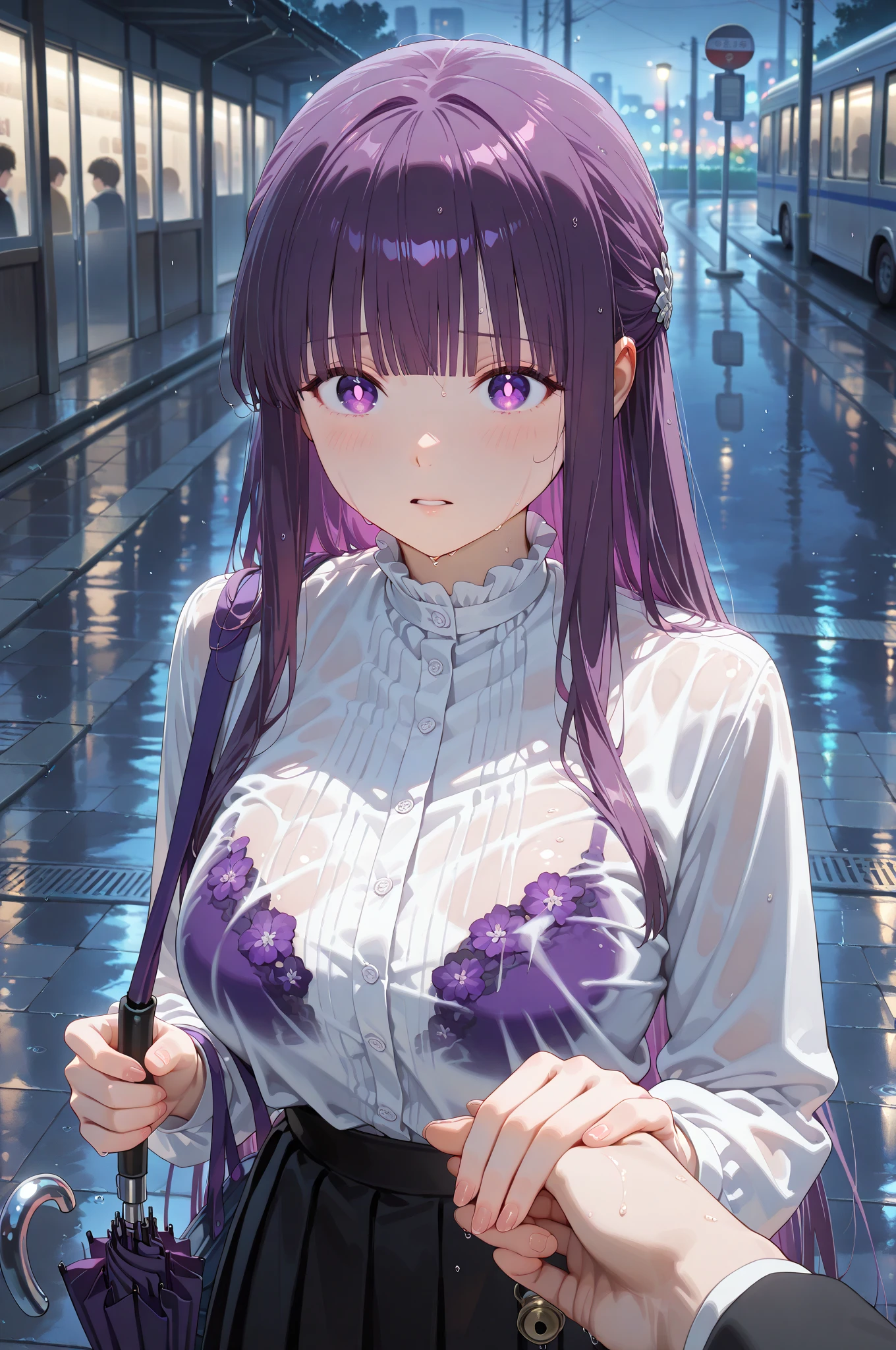 BREAK looking at viewer, BREAK (masterpiece:1.2), best quality, high resolution, unity 8k wallpaper, (illustration:0.8), (beautiful detailed eyes:1.6), extremely detailed face, perfect lighting, extremely detailed CG, (perfect hands, perfect ???????)fern, long hair, bangs, (purple eyes:1.1), purple hair, sidelocks, blunt bangs, (bright pupils:1.5),castle,night,moon,starfall, half updo,
long sleeves,white dress, long dress,wet dress, cleavege,neckline,nipples, from above,bend over.