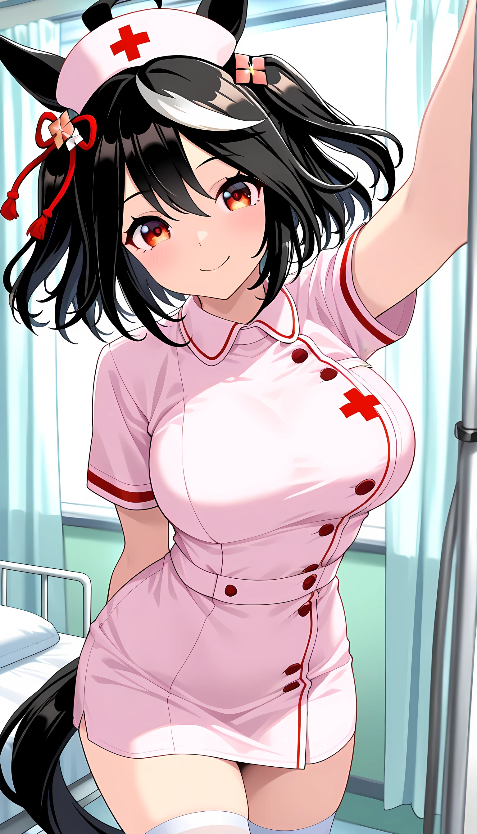((top quality, masterpiece, high res)), one girl, kitasan black\(umamusume\), nurse, nurse, Hospital room, Smile Yan, miniskirt, Chest Valley