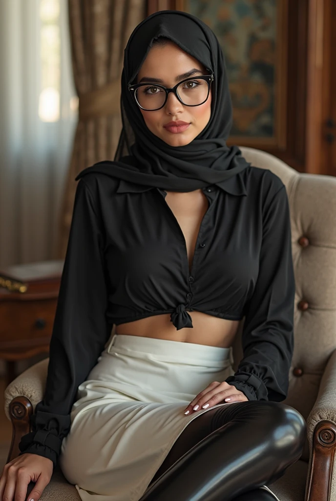 a beautiful hijabi glasses girl, 17 years old, detailed face, expressive eyes, luscious lips, shy expression, voluptuous figure, wearing a sexy white blazer, golden bangles, bracelets, necklaces, swiss golden watch, teaching, write on the whiteboard, classes, dramatic lighting, cinematic, color graded, award winning, elegant, feminine, intricate details, luxurious, high fashion, glamorous, alluring, hyper detailed, ultra-realistic, 8k, photorealistic