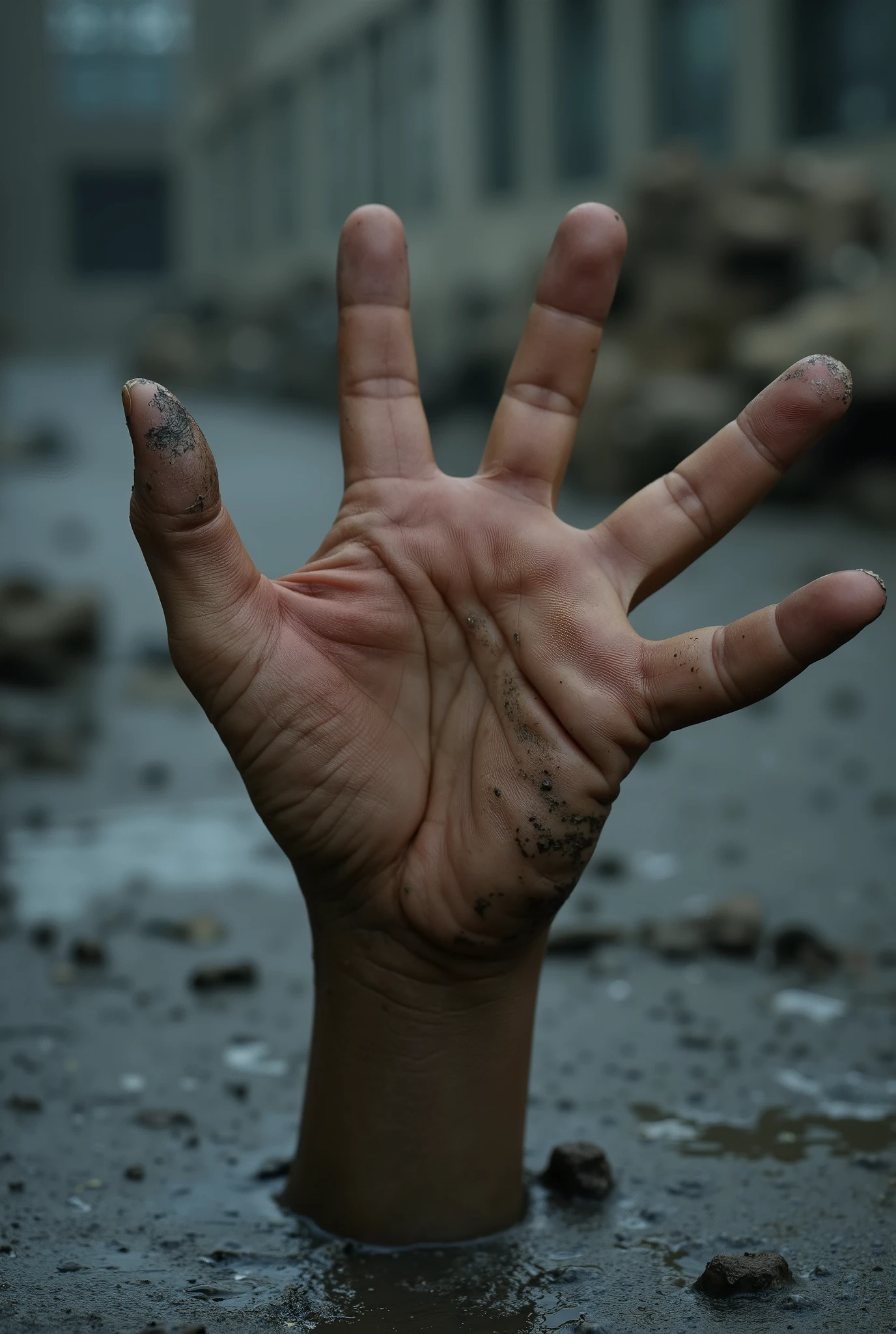 (extreme close-up on hand:1.8). The hand is in the foreground and is blurred. the rest of the image conveys a strong sense of anguish. [[a human hand /(human hand full of calluses, ruined fingernail, dirty and dusty, mud on fingers)/ emerging from wet sludge. RAW photo, masterpiece, best quality, ultra-detailed, intricate details, photorealistic. Captured with a Canon EOS R5 camera, 50mm lens, F/2.8, with HDR and 8K resolution. Ray tracing. offer your hand from dirt. wet slush on fingers. the hand asks for help.]]. Offer his hand. The scenario is one of war , triste . dark ambiance post-war landscape. (extreme hand close-up:1.8). (extreme hand close-up:1.8). blurred foreground.