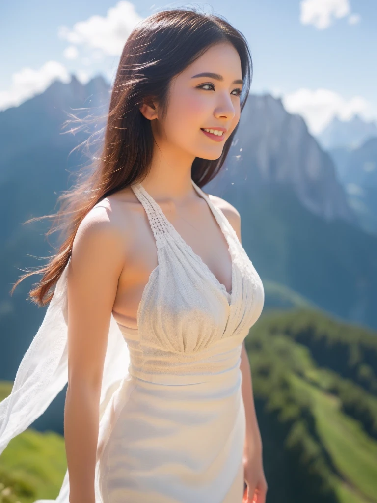 ((table top:1.4, highest quality)), (realistic pictures:1.4),
((1 girl)),
(超High resolution:1.2), very delicate and beautiful, wonderful, Highly detailed CG Unity 8k wallpaper, Super detailed, High resolution,
soft light, beautiful detailed girl, highly detailed eyes and face, beautifully detailed nose, beautiful and detailed eyes,
(Beautiful girl wearing a white dress:1.3),
cinematic lighting, perfect anatomy, slender body, ,
(alpine nature:1.3),
cowboy shot, looking at the viewer, smile