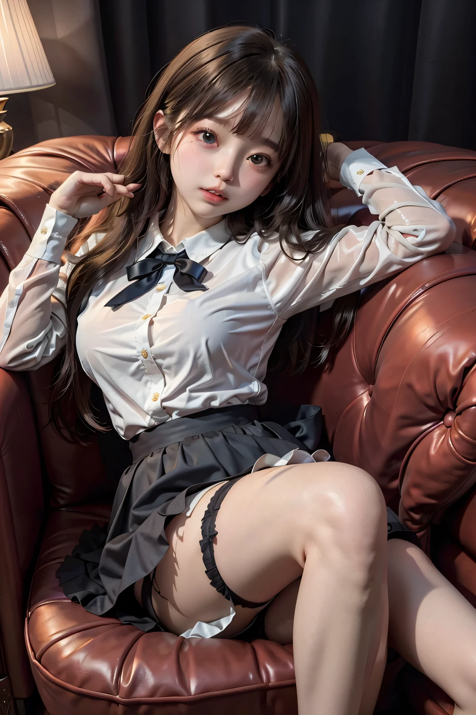 (masterpiece, Highest quality, 8k, High resolution),(Realistic skin texture, Perfect Face, Realistic, Perfect hands, Perfect finger count, Japanese, Girl), (13 years old), Big Eyes, Brown eyes, Light brown hair, bangs, Twin tails, Hair Ribbon, Small face, Smile, (choker, White short sleeve buttoned shirt, tie, Mini Pleated Skirt)), living room, Neon outside the window, Leather sofa, Sitting, Alluring pose