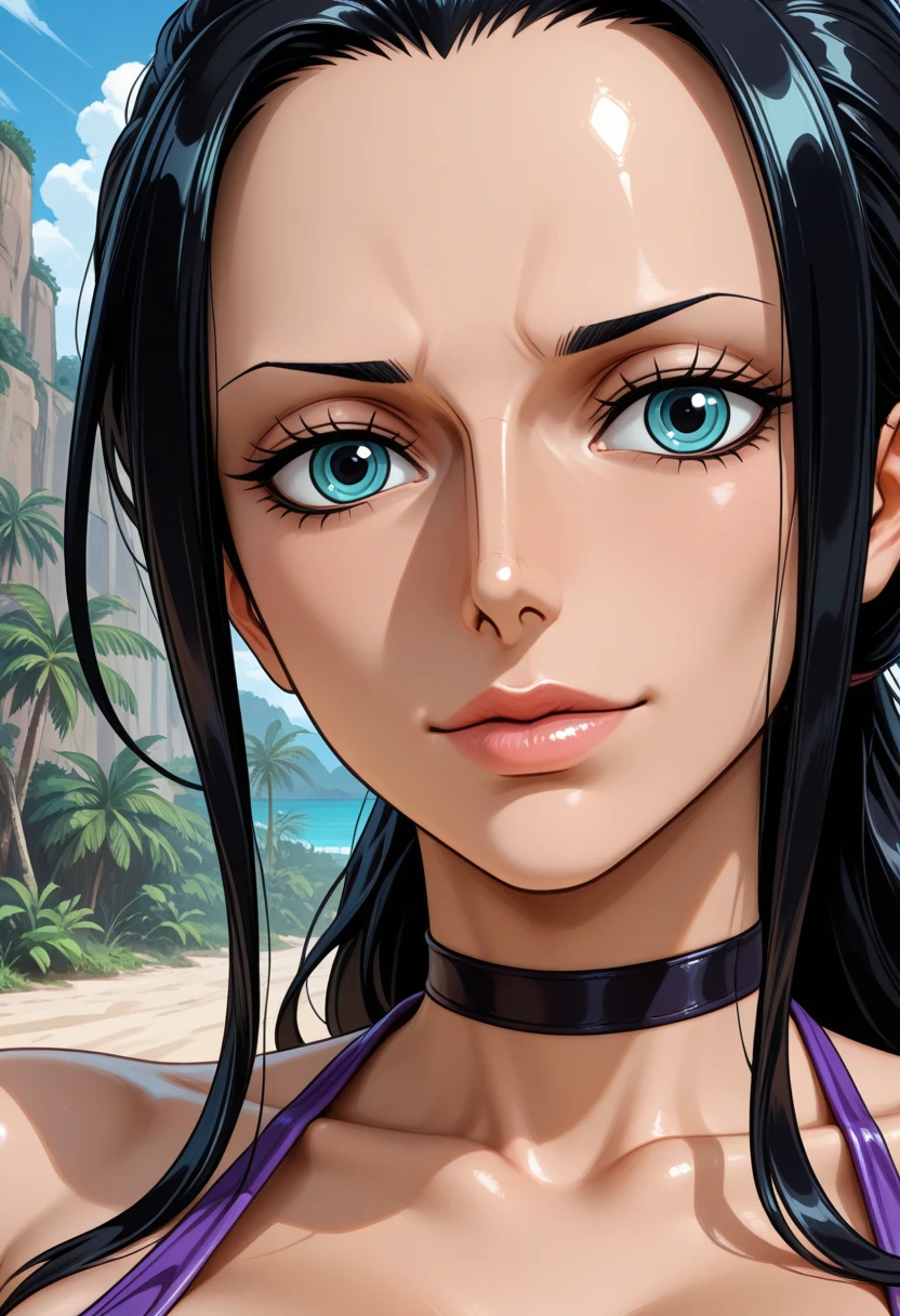 arcane style, 1girl, solo, long hair, bangs, caityln, mature body, blue eyes, purple bikini, halter-neck bikini, white beach hat, shiny hair, purple hair, looking at viewer, shiny, (beautiful), (masterpiece:1.2), 4K, high resolution, on beach, (realistic), perfect breasts, serious, angry <lora:arcaneStyleLora_offset:1>