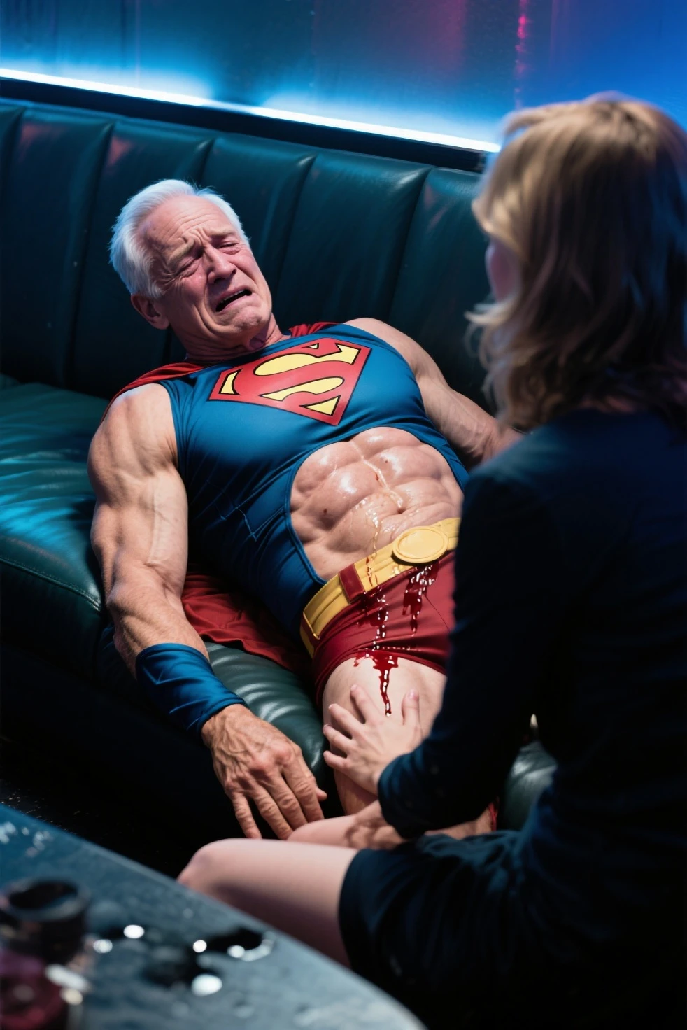 score_9, score_8_up, score_7_up, score_6_up, score_5_up, score_4_up , ,photo realistic,
slim old man Alfred (butler, intelligent, gentlemanly, slim, in his 60s) and Batman (hairy, muscular,handsome, tall, body covered in scars,30years old) wearing only a mask embrace each other in the shower in white briefs
