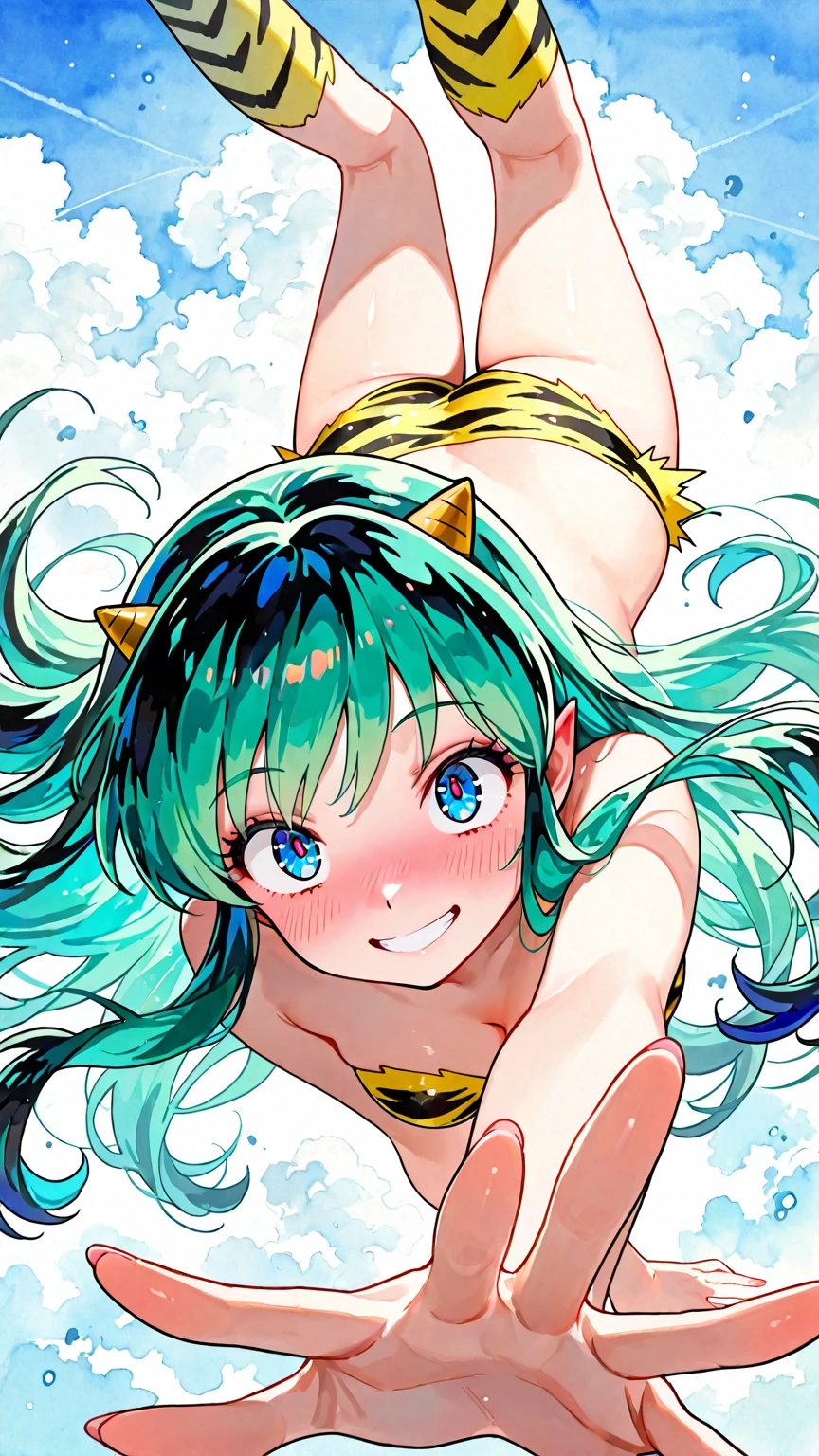 (nsfw,masterpiece, best quality), (1 girl, girl is lum ,lum has green hairs), smile,  bouncing breasts, unaligned breasts, motion blur, standing, hands up, ( cheerleader),   pom pom \(cheerleading\), crop top, underboob, no bra, pleated skirt, tiger print panties, normal breasts, long hair, ((white background))