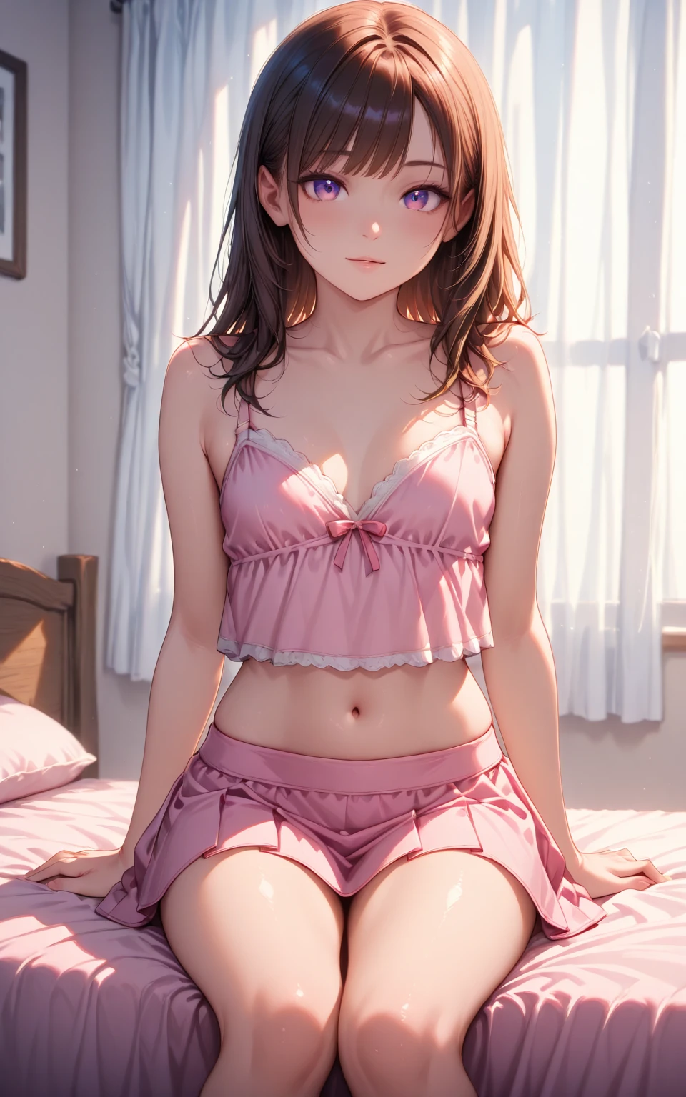 Mastepiece、masterpiece、highest quality、Super detailed、High resolution、8K Portrait、High definition CG of Unity 8k wallpaper、Cute little:1.5、Loli:1.5、Highly detailed CG Unity 8k wallpaper、Realistic、Real person、 Portrait Photography、Shiny skin、High definition、(16 years old:1.2)、(1 girl)、Beautiful clear eyes、extremely detailed description、Delicate face、Nice lips、Slim body、(thin waist)、Thin legs、(bed room:1.6)、1 Girl, Cute, Perfect Face, seriously, (blush:1.7),(Brown hair semi-long hair:1.3),(large breasts:1.2),(School uniform:1.3),(bra,Shoulder:1.8),((skirt lift:1.5)),(looking at view),(from front:1.2),(disapproval face:1.5),nsfw,(take off panty:1.6),