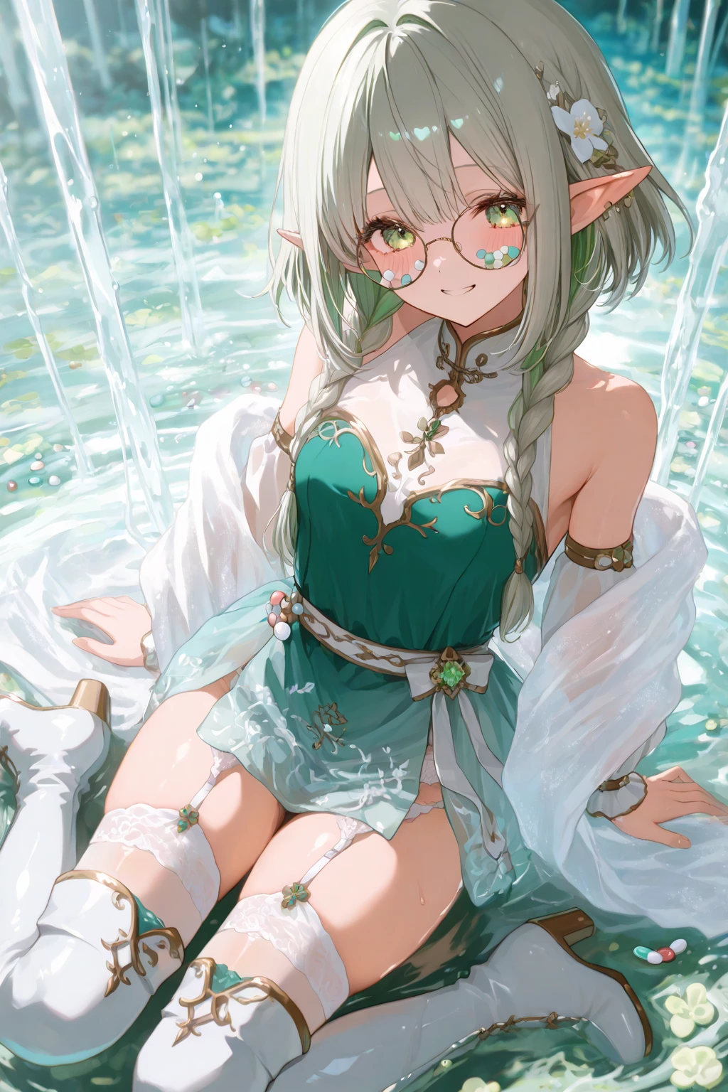(soaked),anklet,yukata,fucked silly,wet clothes,cleavage,masterpiece, best quality, {{{partially unbuttoned}}}, loli, kawaii, long hair, ahoge, beautiful detailed eyes, aqua eyes, eyeball, heart in eye, cat_ears, nose blush , shy, blush, endured_face, medium breasts, bare legs, no legwear, naughty_face, excited, crying with eyes open, skirt lift, spread legs,  lying , tail