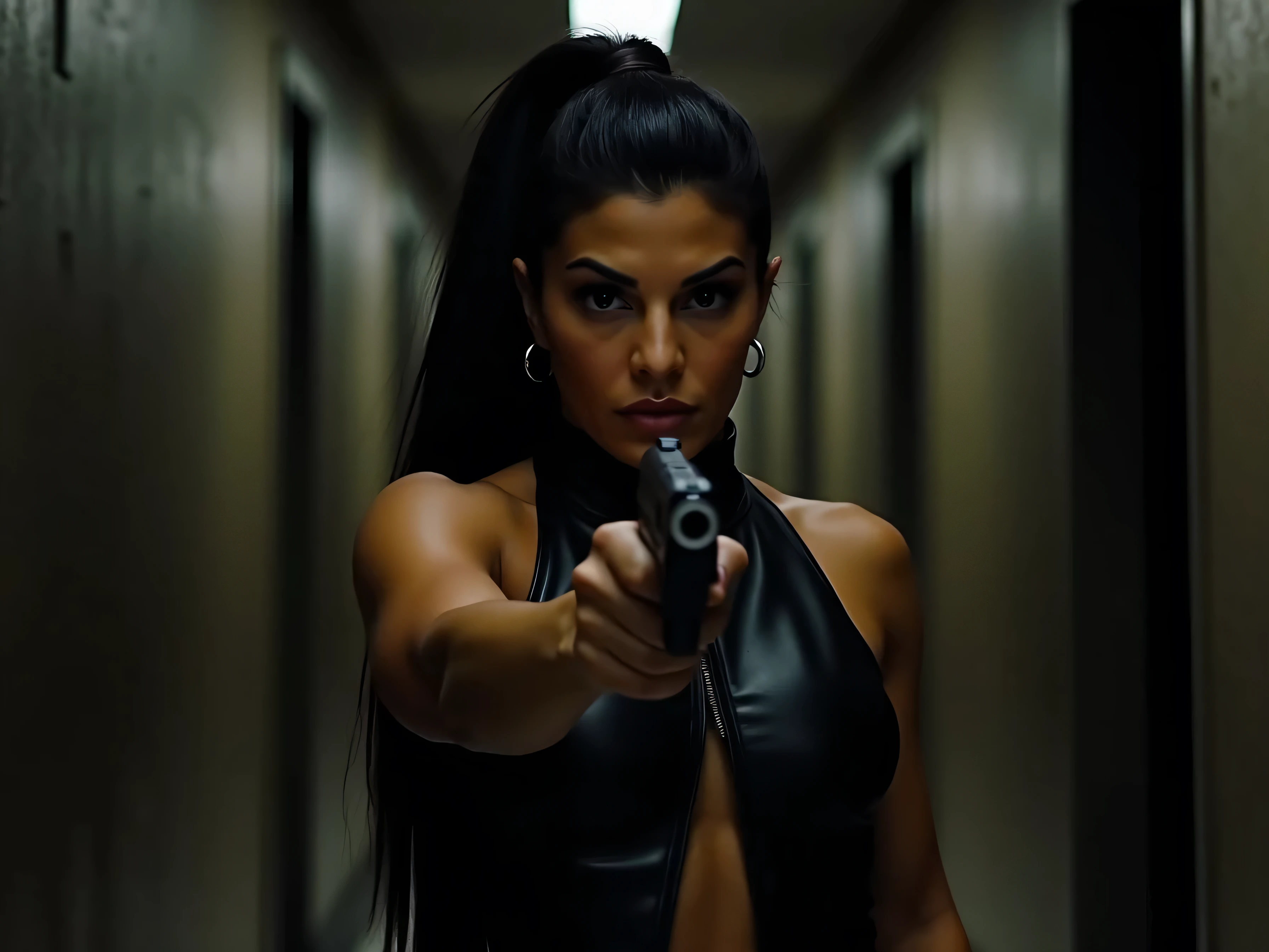 JacquelineFernandezFlux, Close up of a muscular voluptuous woman assassin, shiny brown skin, long voluminous black hair tied in a ponytail. wearing black skin-tight sleeveless leather jacket and leather pants. Mid action frame, aiming a pistol at camera. Walking through a dark building hallway. 4k, UHD, masterpiece, best quality, low brightness, front view, gritty, photo-realistic.