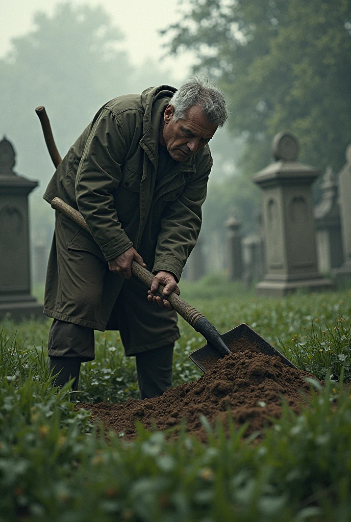 An old man digging  grave.
