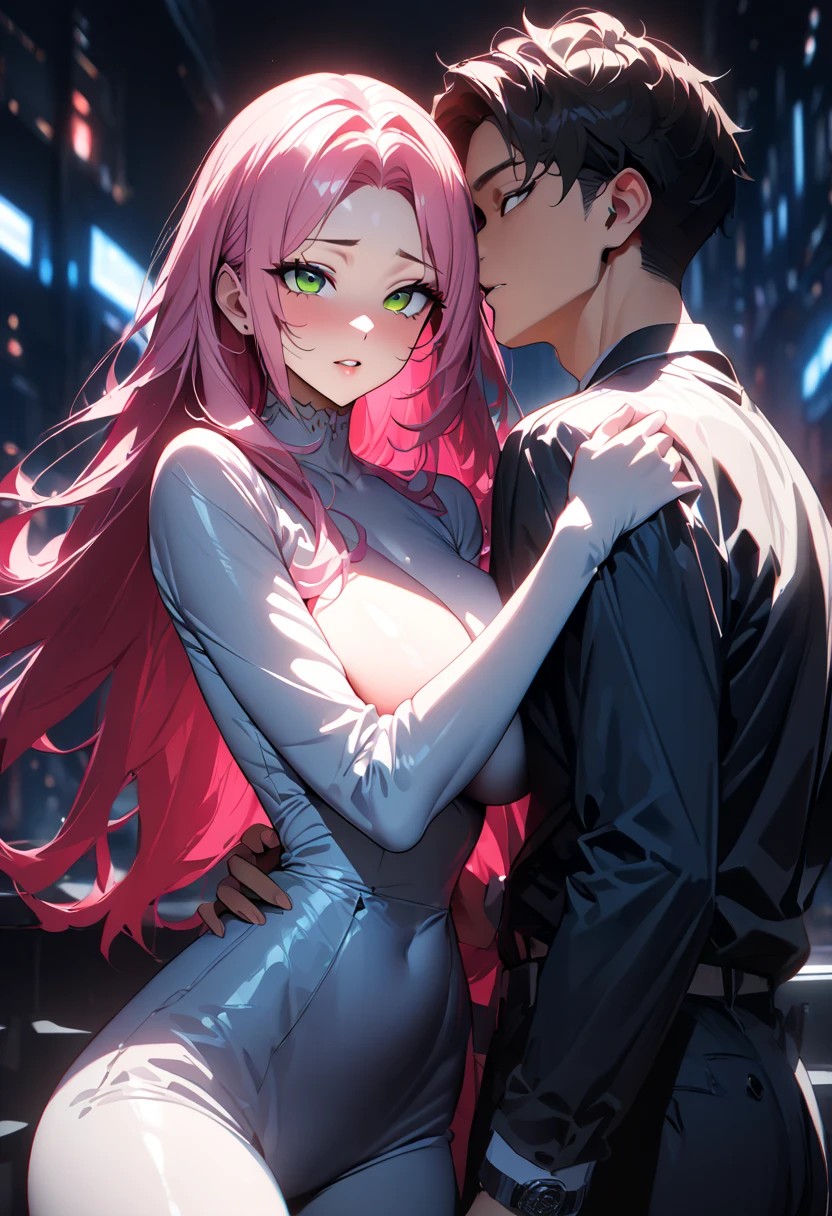 (Tabletop, Digital Art, digital illustration, 4K, 8k, Very detailed, Beautiful images, Clear images, Realistic, RAW Photos, Perfect Face, Perfect Lines, Perfect Eyes, Soft lighting) 1 female, (Long dark pink hair,Straight hair,Bullish expression,Beautiful woman,suit,Solid makeup,Medium breast、23-year-old female,:1.3),secretary, Two handsome men in suits, (human,Man in suit,Muscular,Strong shoulder width, human,Boyish hairstyle,Dark Blue Hair,English gentleman'style,A man in his 30s with a cool expression,A 28-year-old man with a bright smile:1.2),Moonlit Night、City of night、Moon and light、illumination、Couple、couple kissing、Romance、romance porn、look at each other、Embrace each other