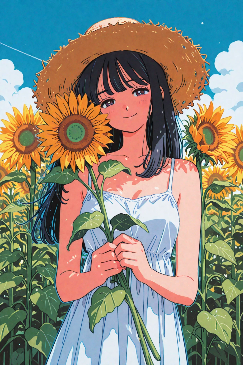 1 girl,black hair, big breasts,smile,straw hat,One-piece dress with sunflower pattern on blue ground color,She is standing on a jarry road in the countryside,She holds her straw hat on top with her right hand,She's looking up at the sky,The area around the Jariji road is filled with morning glories,blue sky,cumulonimbus
