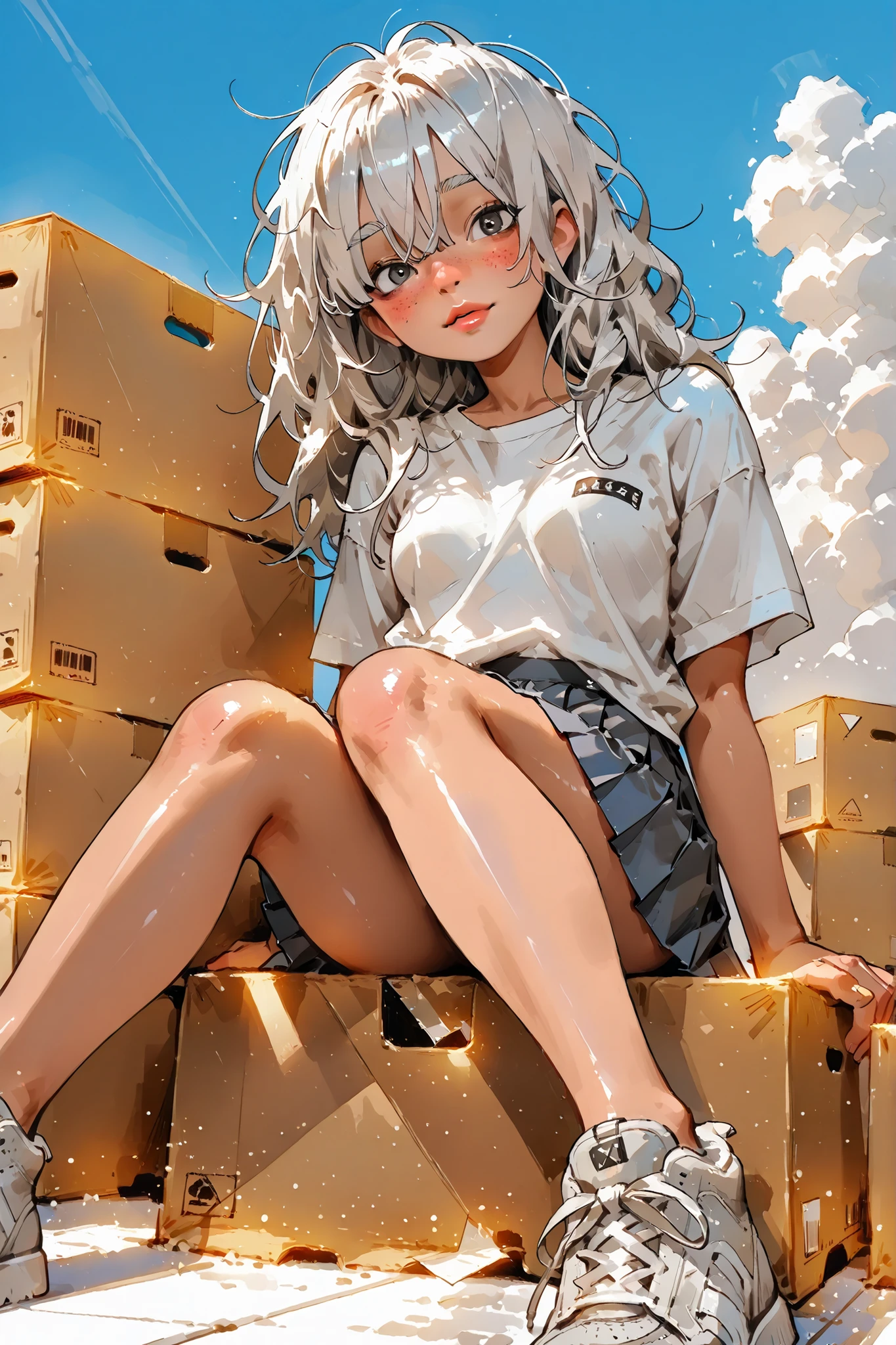 1girl,Super Detailed,absolute resolution,(dynamic angles),(tanned skin:0.5),Japanese girl,(portrait),(pinup),(from below:1.3),
sitting on ground,(legs stretched out:1.3),(leaning on Stacked cardboard boxes:1.3),arms at sides,hands on ground,
((plain white oversized T-shirt:1.5),,(untucked T-shirt:1.5),(((clavicle))),((skyblue pleated miniskirt)),sneakers,
detailed and beautiful face and eyes,dark gray eyes,,(Freckles:0.7),(Thick lips:0.3)(Light-colored lips:1.3),Thick eyebrows,(round nose:0.5),
small breasts,white hair,long hair,blunt bangs,hair over both eyes,(messy hair:0.5),
(blush:0.5),(nose blush:0.5),(light smile:0.7),(parted lips:0.5),summer sky,watercolor Background,(Watercolor anime:0.5),