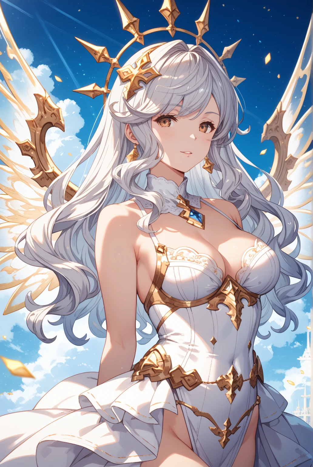 ((Masterpiece))，(Best Quality)，(Super intricately detailed)，(Highest resolution)，(8K)，(Clean lines)，(Perfect Face，Perfect meat)，(Official Art)，（Magical girl）,14 years old,，huge breasts, Big angel wings, Night Sky