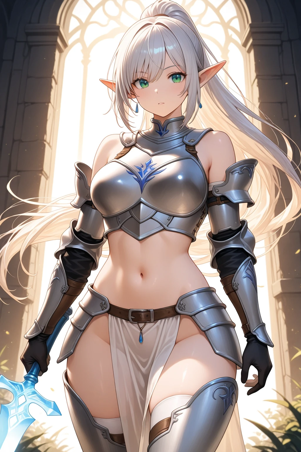 Girl, short white hair, blue eyes, elf ears, big breasts, silver knight armor