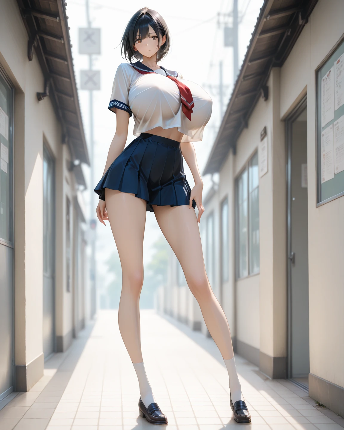 (((masterpiece, Highest quality, High resolution, 超High resolution, Perfect Pixel, Depth of written boundary, 4K, RTTX 10.0))), Beautiful Anime Women, Beautiful art style, Anime characters, ((Smooth texture, Realistic texture, Anime CG Style)), Exact finger count、Exact number of legs、(Exact number of arms:1.0, Exact number of hands:1.0), (Perfect hands, Perfect ???????), Cinematic, Realistic, Extremely detailed CG, Daytime lighting, Perfect lighting, Best Shadow, The best natural light, whole body, Perfectly balanced style, A perfectly balanced body, (Slender body:1.2), whole body, ((bangs, Dark brown hair, Stylish and cute bob cut)), ((A pretty woman is standing with her legs crossed, holding her skirt:1.3)), (Fashionable white shirt, Sailor collar, Knee-high socks, loafers, Navy pleated mini skirt:1.3), (Beautiful big boobs:1), ((Embarrassed expression:1.4)), (In the school classroom:1.3), (pussy juice:1.3), Angle from the front, remote_vibrating