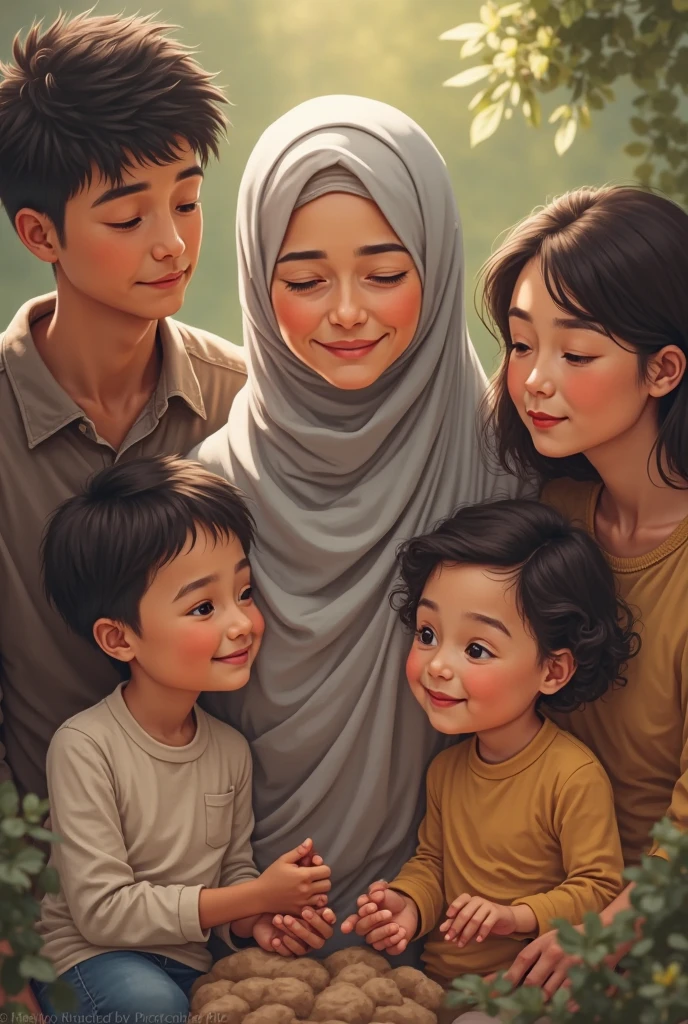 Mother with 3 daughters. Kakak 12 tahun, 7 years and 4 years.wearing a white hijab,