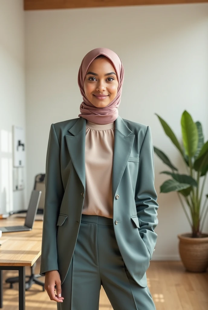 African female model, 3/4 photograph, in a office, natural light, posing for picture, (green eyes), thick lips, bimbo lips, hijab, cotton turtleneck, long sleeves, freckles, busty