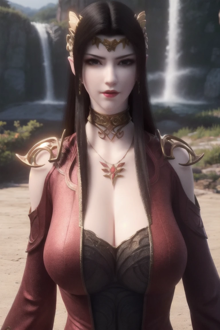 (twilight), a lot of tall Castle,tower,cloudy sky,in the background,
Standing at attention,on the street,
elbow gloves,bare shoulders,purple outfit,armor,thighhighs,(White_headwear:1.1),
<lora:more_details:0.2>,<lora:Olga_Discordia_Kuroinu-KK77-V1:0.7>,jewelry,long pointy ears,dark-skinned female,dark elf,earrings,
black hair,long hair,hair over one eye,Bangs,orange eyes,
1 girl, 20yo,Young female,Beautiful Finger,Beautiful long legs,Beautiful body,Beautiful Nose,Beautiful character design, perfect eyes, perfect face,expressive eyes,
looking at viewer, in the center of the image,(Upper_body),(Focus on her face),from_front,
official art,extremely detailed CG unity 8k wallpaper, perfect lighting,Colorful, Bright_Front_face_Lighting,shiny skin,
(masterpiece:1.0),(best_quality:1.0), ultra high res,4K,ultra-detailed,
photography, 8K, HDR, highres, absurdres:1.2, Kodak portra 400, film grain, blurry background, bokeh:1.2, lens flare, (vibrant_color:1.2)
(Beautiful,large_Breasts:1.4), (beautiful_face:1.5),(narrow_waist),