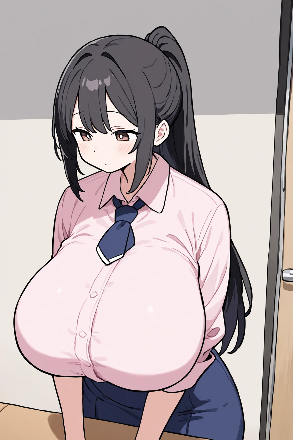 (( close、16k、highest quality、high detail、Rich skin details, nffsw)))、perfect anatomy、Office Lady、(((huge breasts、Chubby)))、Sweat,put your hand on your chest、wide ass、thick thighs、(red eyes)、Glasses、((short hair、Putting your hair back))、((black hair)), ((((blush、embarrassing、surprised))))、((Light blue floral lace bra、Shirt open、put your hand on your chest))、:○、(locker room)、