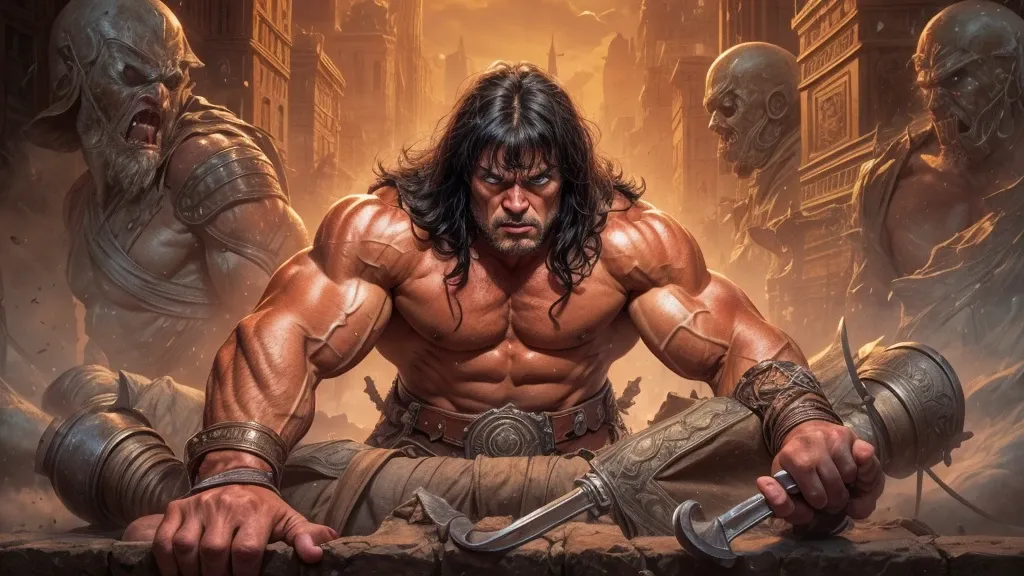 Extremely muscular man, chiseled features, washboard stomach, detailed hands, one thumb on each hand, four fingers on each hand, dark hair, detailed eyes, fierce expression, conan the barbarian, frank frazetta style painting,