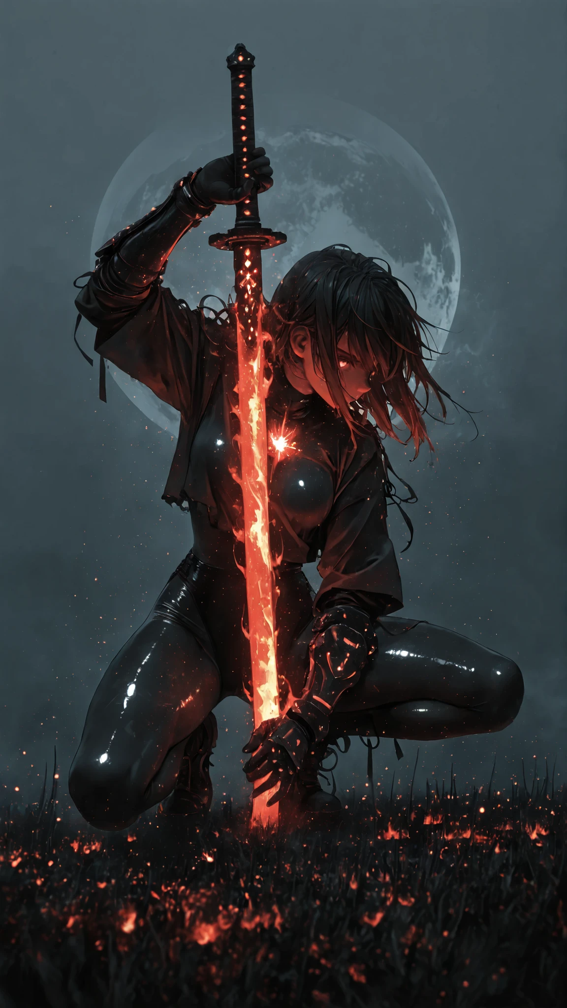 (masterpiece, best quality:1.2), amazing quality, very aesthetic, 32k, absurdres, extremely beautiful, newest, scenery, extra details, (sharp detailed:1.2), sharp focus, absurdres, official art, detailed anatomy, correct anatomy,glowing blade, glowing flame, glowing energy, windy, floating greens, detailed, (shiny skin), soft shaded, depth of field, ruby theme, fog, red theme,Beautiful muscular legs,Black Denier Pantyhose,Gauntlets,holding with a large sword that is extremely heavy and elaborately crafted in the hand,squatting、Sparkling Effects, lens flare ,Moonlight at Night,In the woods,Fireflies shine,dynamic pose 