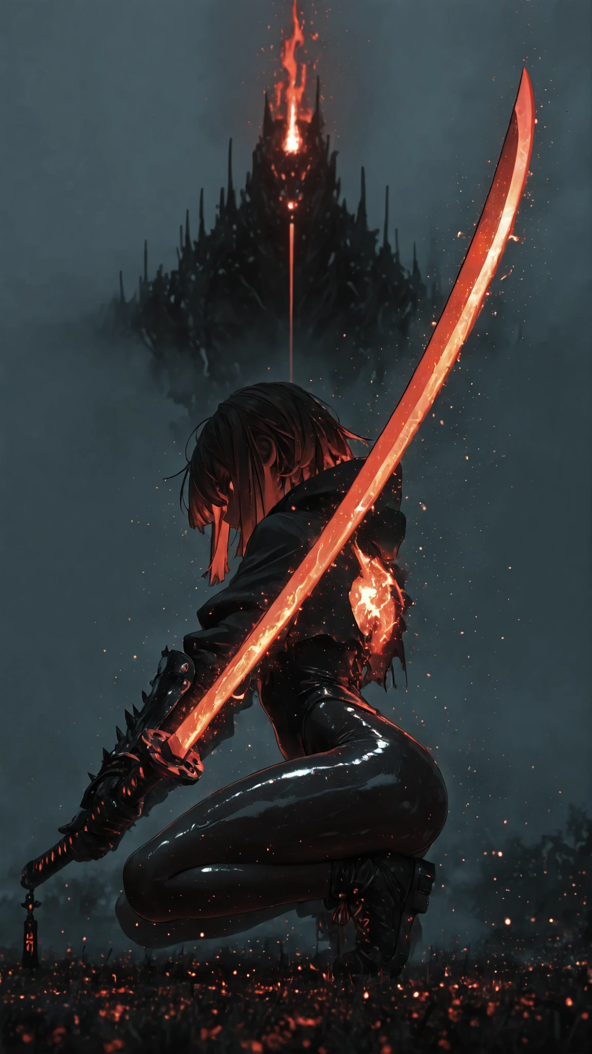 (masterpiece, best quality:1.2), amazing quality, very aesthetic, 32k, absurdres, extremely beautiful, newest, scenery, extra details, (sharp detailed:1.2), sharp focus, absurdres, official art, detailed anatomy, correct anatomy,glowing blade, glowing flame, glowing energy, windy, floating greens, detailed, (shiny skin), soft shaded, depth of field, ruby theme, fog, red theme,Beautiful muscular legs,Black Denier Pantyhose,Gauntlets,holding with a large sword that is extremely heavy and elaborately crafted in the hand,squatting、Sparkling Effects, lens flare ,Moonlight at Night,In the woods,Fireflies shine,dynamic pose 