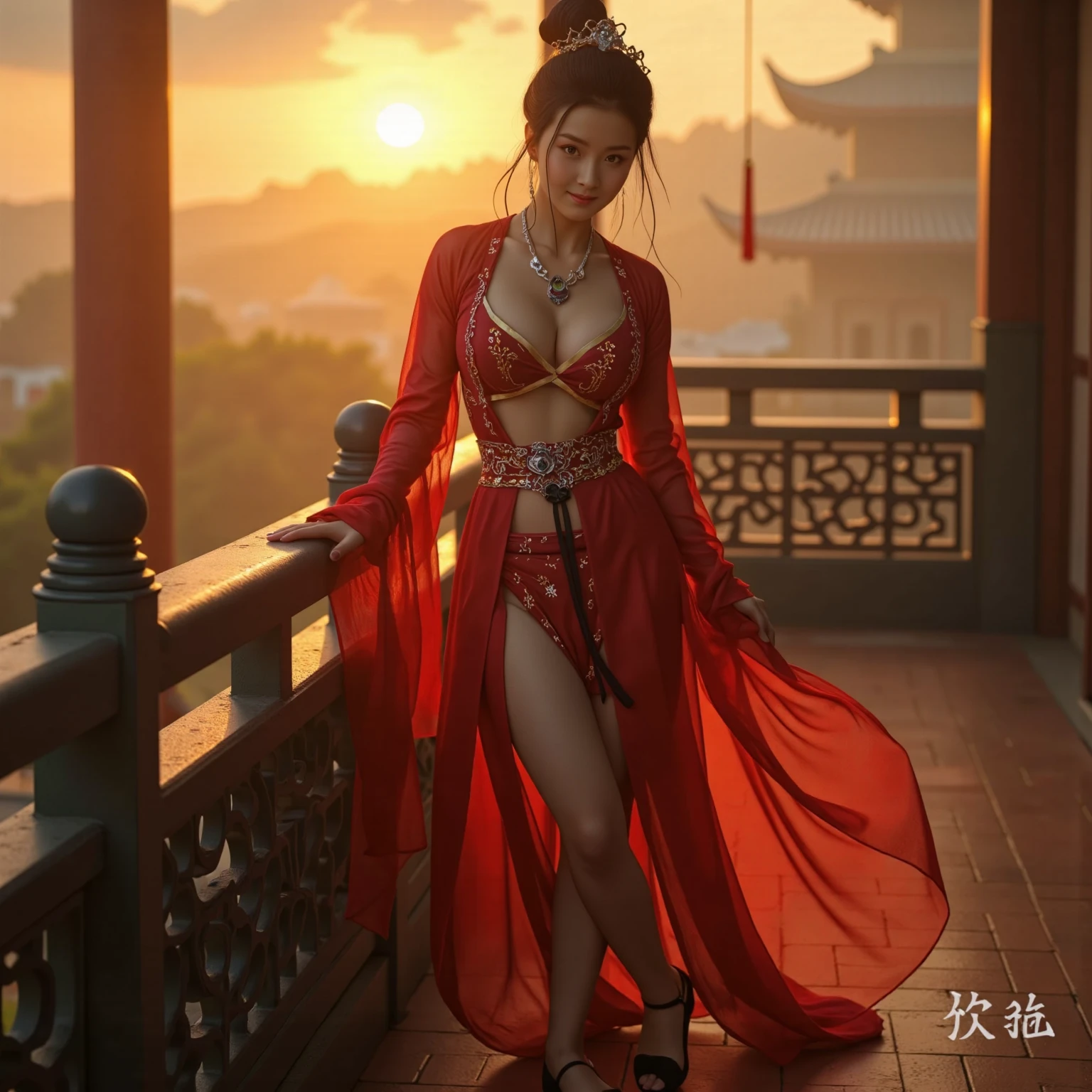 Photorealistic Production, (One Person), (Realistic Image of a 22 Years Old Female Model), big breast, Curvy Body (Pale Skin:1.4), batik lingerie (Wearing a red Ornated lace tight Kebaya Dress with Silk Cloth:1.6), (Serious Face), (Deep Cleavage), (Elegant Pose:1.4), Centered, (Waist-up Shot:1.4), From Front Shot, Insane Details, Intricate Face Detail, Intricate Hand Details, Cinematic Shot and Lighting, Realistic Colors, Sharp Focus, Ultra Detailed, Taken with DSLR camera, Realistic Photography, Incredibly Realistic Environment and Scene, Master Composition and Cinematography, hair behind ear, hair over eyes, long hair, Depth of Field, first-person view, atmospheric perspective, Masterpiece, balinese temple