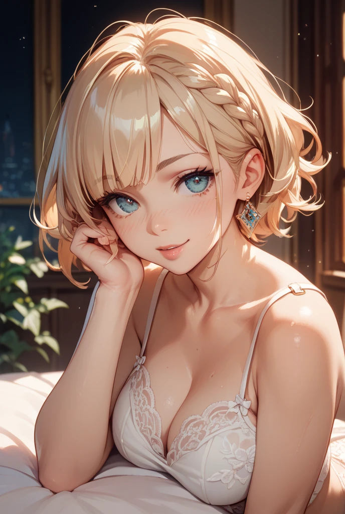 blonde, short hair, girl１, in the Living room, sofa,close up of face, completely nude, [[pale purple eyes]], (White nude apron:1.2),