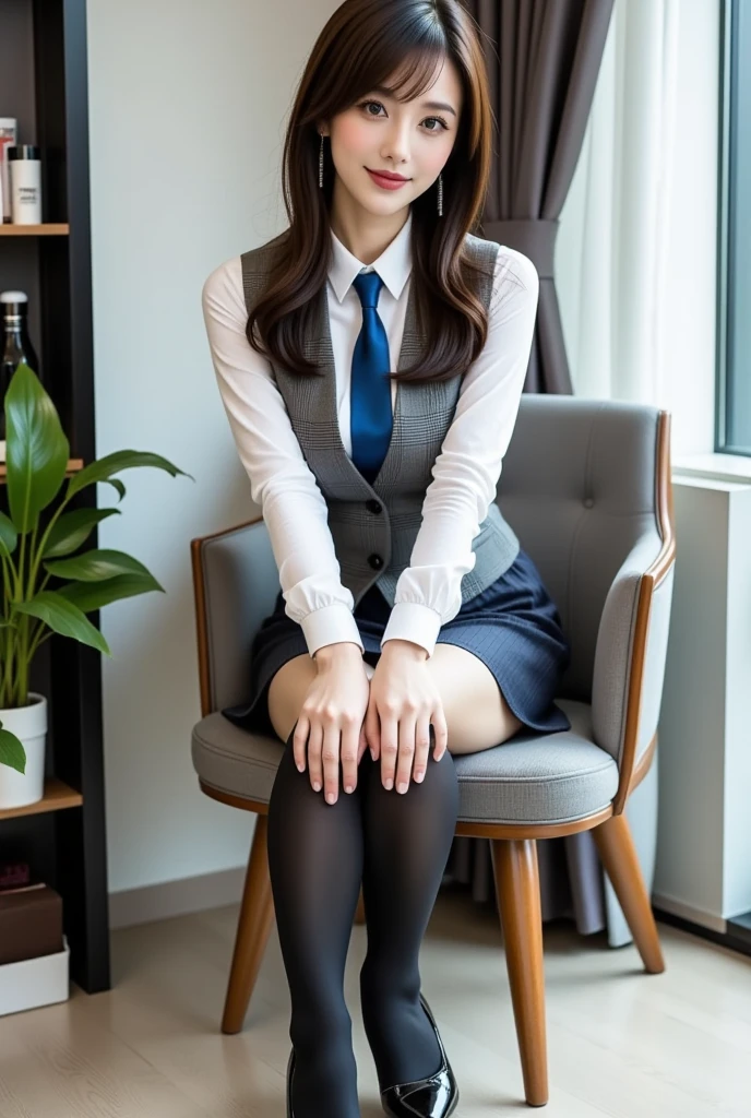 (Only one person), Pure Japanese young cabin attendant girl, wearing formal cabin attendant suits, (pantyhose), high heels, formal makeup and lips, thick eyebrows, formal hair styles, sweet smile, sitting, spread wide legs, lift up skirt, soft sunlight, summer atmosphere, sexual attractive, secret temptation, professional photography,