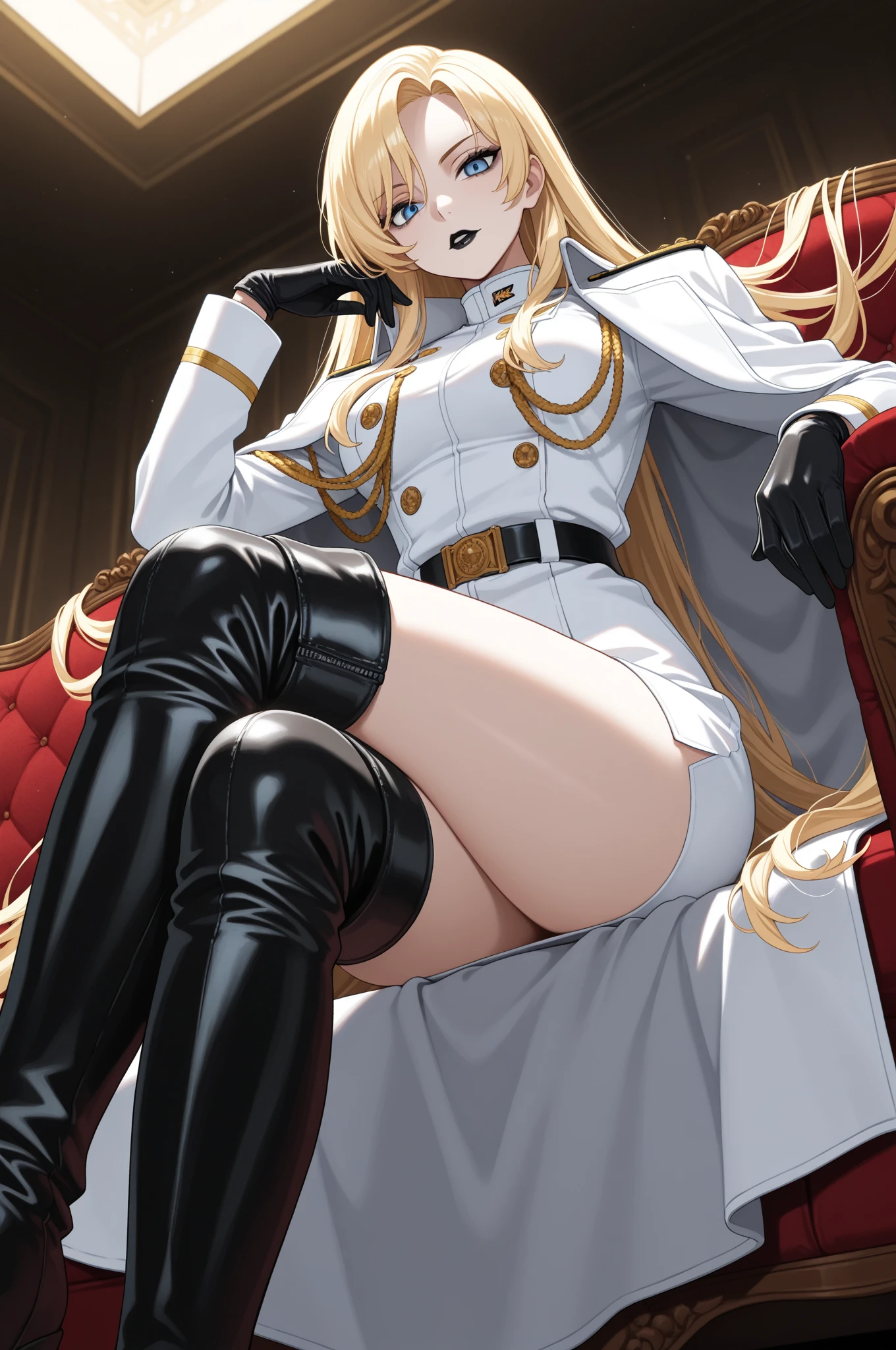 Girl, smile, red lips, big nose, big tits, big , long hair, yellow hair colors, fair skin, big body, big ass, big butt, white latex bra colors, white latex pant colors, white latex stocking colors, beautiful girl, sexy gir, sexy pose, realistic pose girl, in room pose, gaze looking at the camera, anime com cabelo loiro longo e uma jaqueta vermelha, anime loira com cabelo longo,Mary Saotome, do anime chamada Lucy, anime melhor garota, personagem de anime feminino, Retrato anime de Shiina Ringo, uma garota de anime, close up de uma jovem garota de anime, Ilya Kuvshinov com cabelo longo, cara de anime perfeita, bonita do anime high school