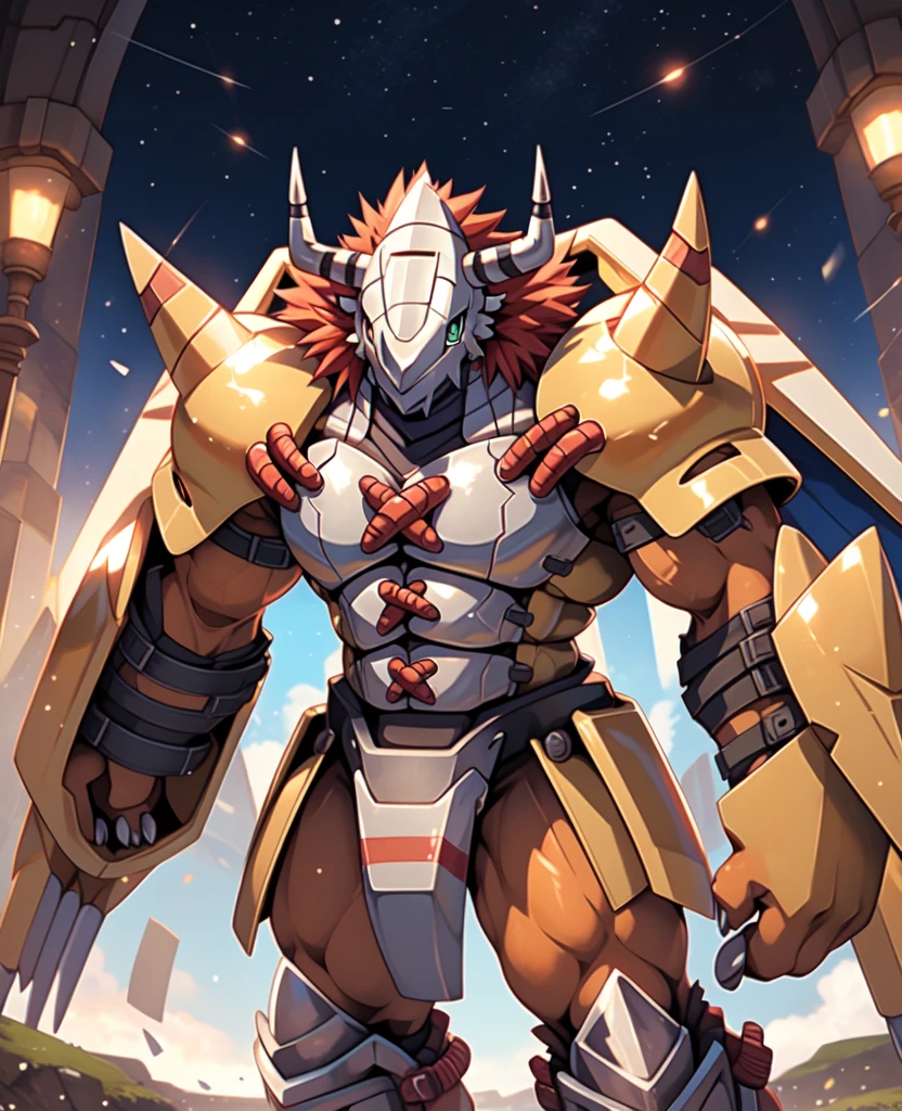 masterpiece,Official Art,Humanity,male,(WarGreymon:1.2),Delicate face,Delicate eyes,Helmet, armor, Horn, Digimon, Upper Body, Depth of written boundary, Perfect lighting, Particles of light,(Highest quality),(masterpiece),(Super detailed),Sharp focus,Particles of light
