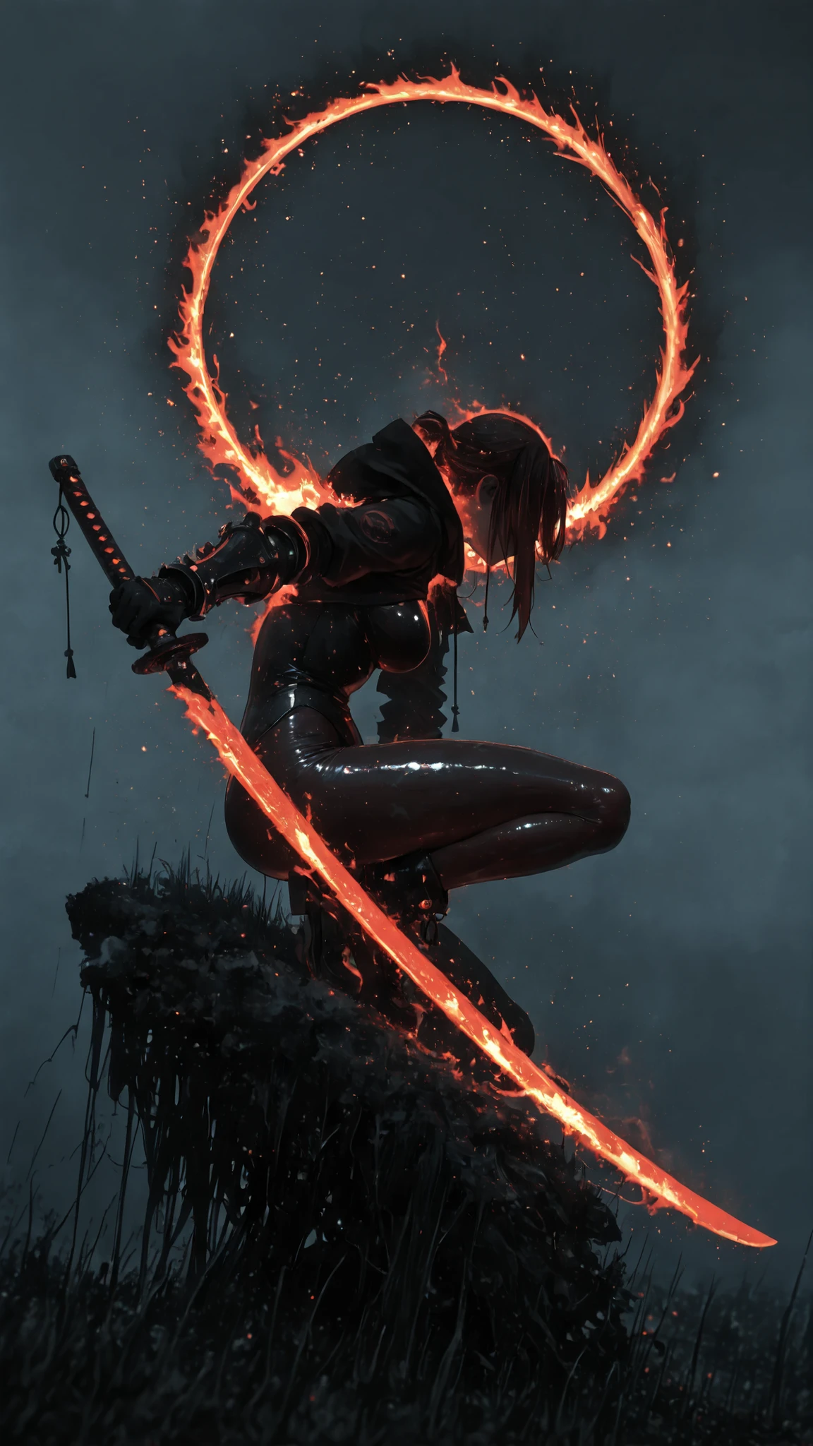 (masterpiece, best quality:1.2), amazing quality, very aesthetic, 32k, absurdres, extremely beautiful, newest, scenery, extra details, (sharp detailed:1.2), sharp focus, absurdres, official art, detailed anatomy, correct anatomy,glowing blade, glowing flame, glowing energy, windy, floating greens, detailed, (shiny skin), soft shaded, depth of field, ruby theme, fog, red theme,Beautiful muscular legs,Black Denier Pantyhose,Gauntlets,holding with a large sword that is extremely heavy and elaborately crafted in the hand,squatting、Sparkling Effects, lens flare ,Moonlight at Night,In the woods,Fireflies shine,dynamic pose