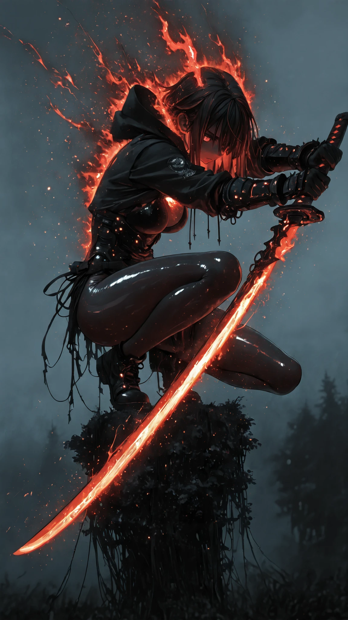 (masterpiece, best quality:1.2), amazing quality, very aesthetic, 32k, absurdres, extremely beautiful, newest, scenery, extra details, (sharp detailed:1.2), sharp focus, absurdres, official art, detailed anatomy, correct anatomy,glowing blade, glowing flame, glowing energy, windy, floating greens, detailed, (shiny skin), soft shaded, depth of field, ruby theme, fog, red theme,Beautiful muscular legs,Black Denier Pantyhose,Gauntlets,holding with a large sword that is extremely heavy and elaborately crafted in the hand,squatting、Sparkling Effects, lens flare ,Moonlight at Night,In the woods,Fireflies shine,dynamic pose