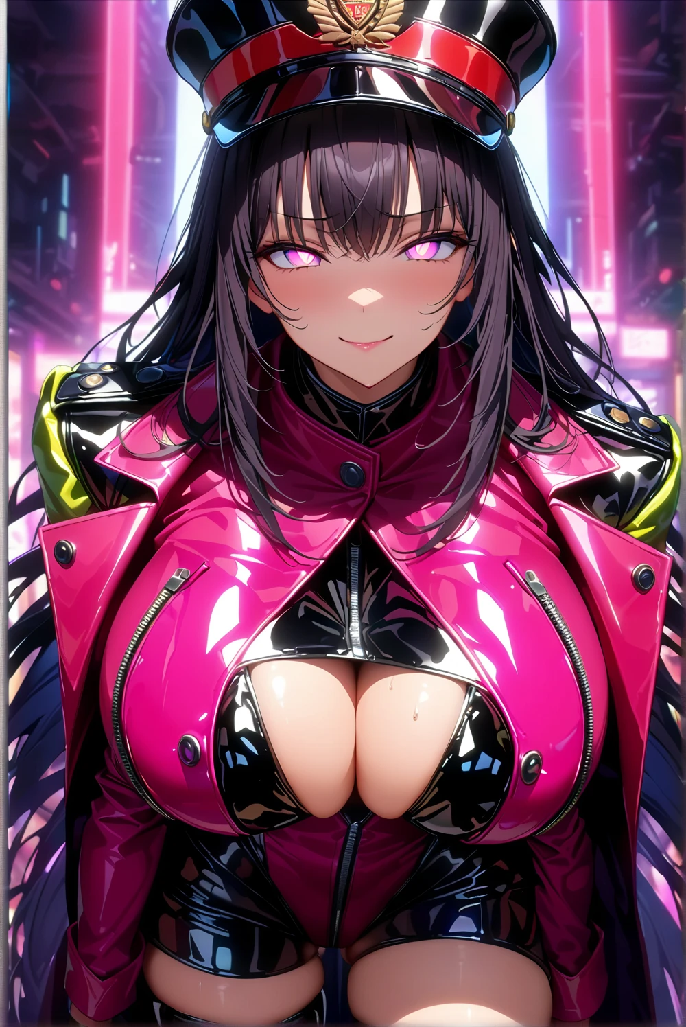 masterpiece, best quality, 1girl,black hair,long hair,glowing eyes, (finely detailed empty pupils and detailed face),,bust shot,,extremely detailed picture unity 8k wallpaper,solo,(latex military costume:0.9),large breasts,seductive smile,military hat,latex thighhigh,large breasts,black hair,pink eyes,black leotard,pantyhose,military coat,enamel suits,grossy lips,sitting,crossed legs
