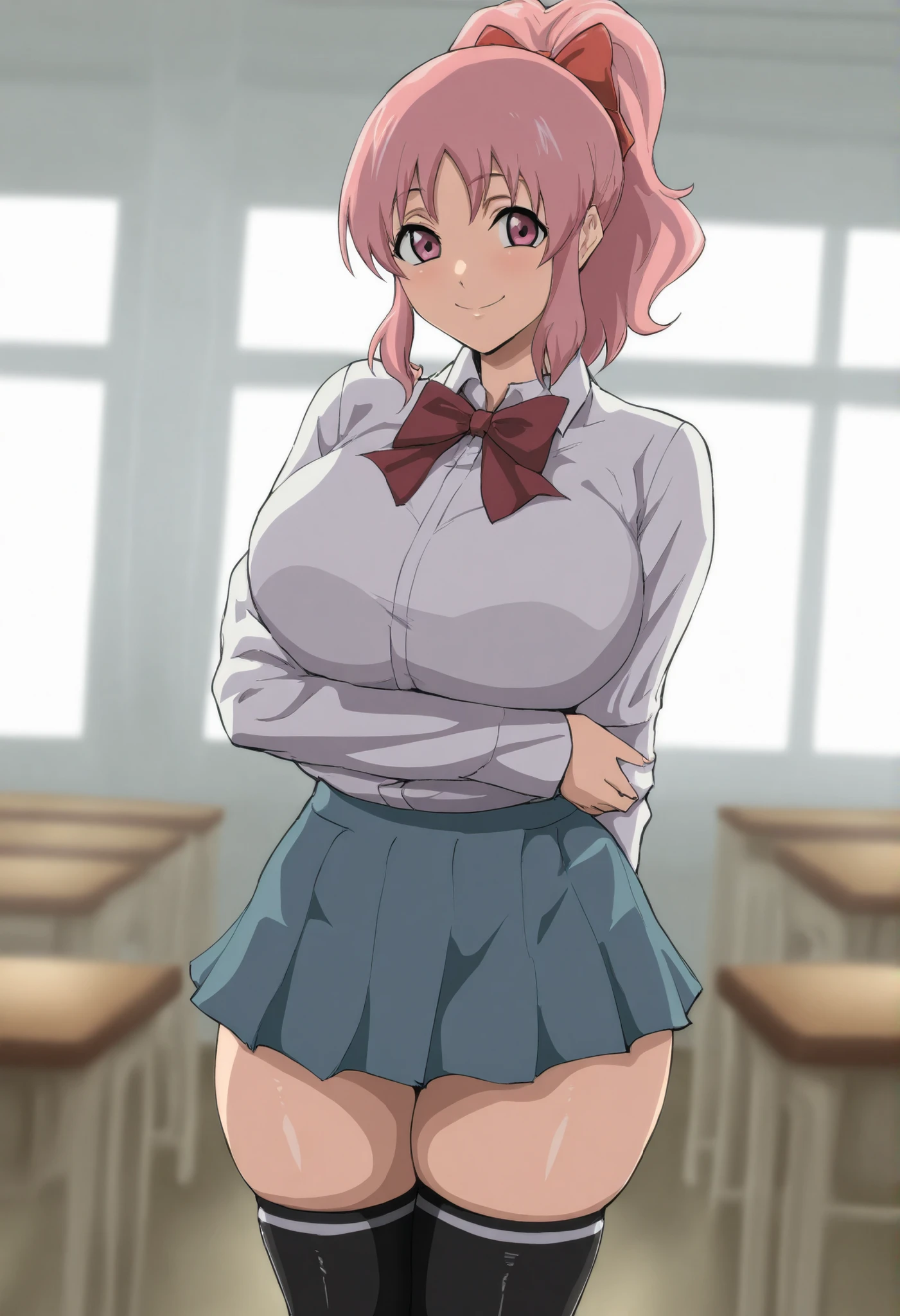 masterpiece, best quality, S4s4k1Nsfw, 1girl, solo,standing,looking at viewer, happy, closed mouth,pink hair, ponytail, pink eyes, large breasts, school uniform, bow, long sleeves, skirt, skindentation, thighhighs, indoors, classroom,