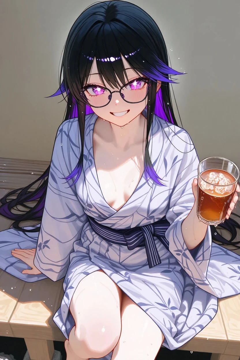 (masterpiece),(best quality),very aesthetic,(ultra-detailed),(illustration),nsfw,1girl,25yo,slender,medium hair,black hair,natural wave hair,disheveled hair,hair ribbon,dark green alluring eyes,(drunk:1.2),enjoyable,grin,open mouth,happy,relaxing,glasses,breathing,Pink yukata with onsen symbol,(loose chest:0.7),purple lace panties,reclining,low table,japanese hotel room,on futon,Television with local commercials,watching television,inroom,window,Indirect lighting with beautiful wood grain,Outside is a sparsely lit country town scene,night,evening,japanese sake bottle,Indirect lighting with beautiful wood grain,japanese sake bottle,grabbing a sake cup,drinking sake,cowboy shot,sideways glance